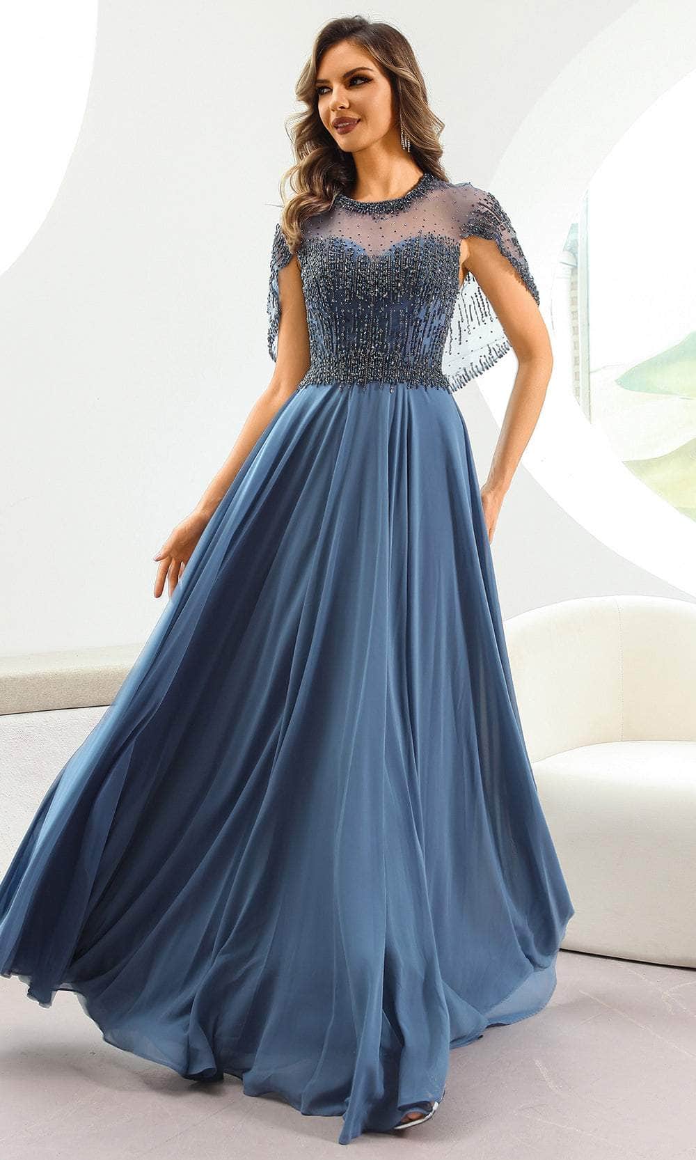 Terani Couture 251M4563 - Illusion Neckline Cape Sleeve Evening Dress - designer mother of the bride dress at Silhouette Dres