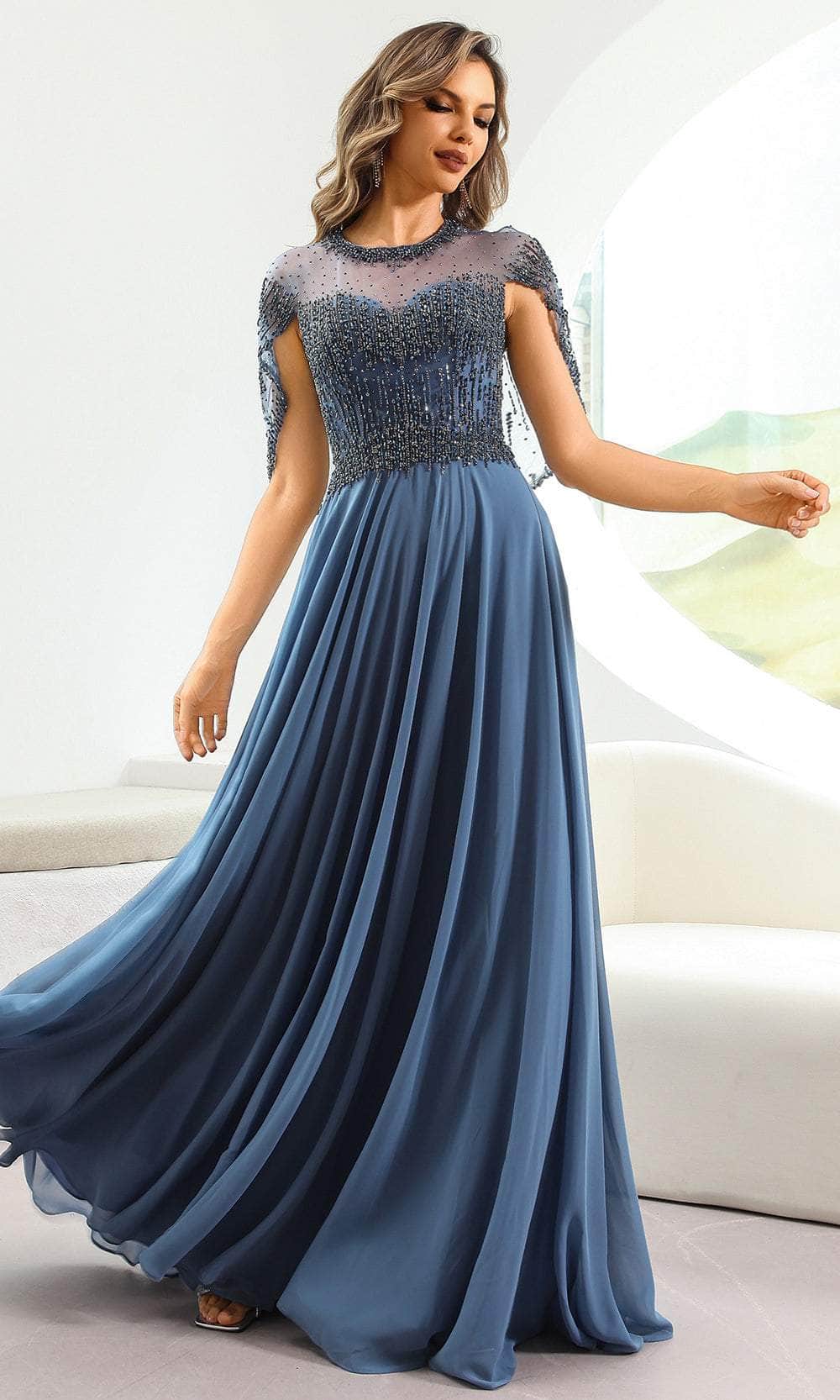 Terani Couture 251M4563 - Illusion Neckline Cape Sleeve Evening Dress - back view