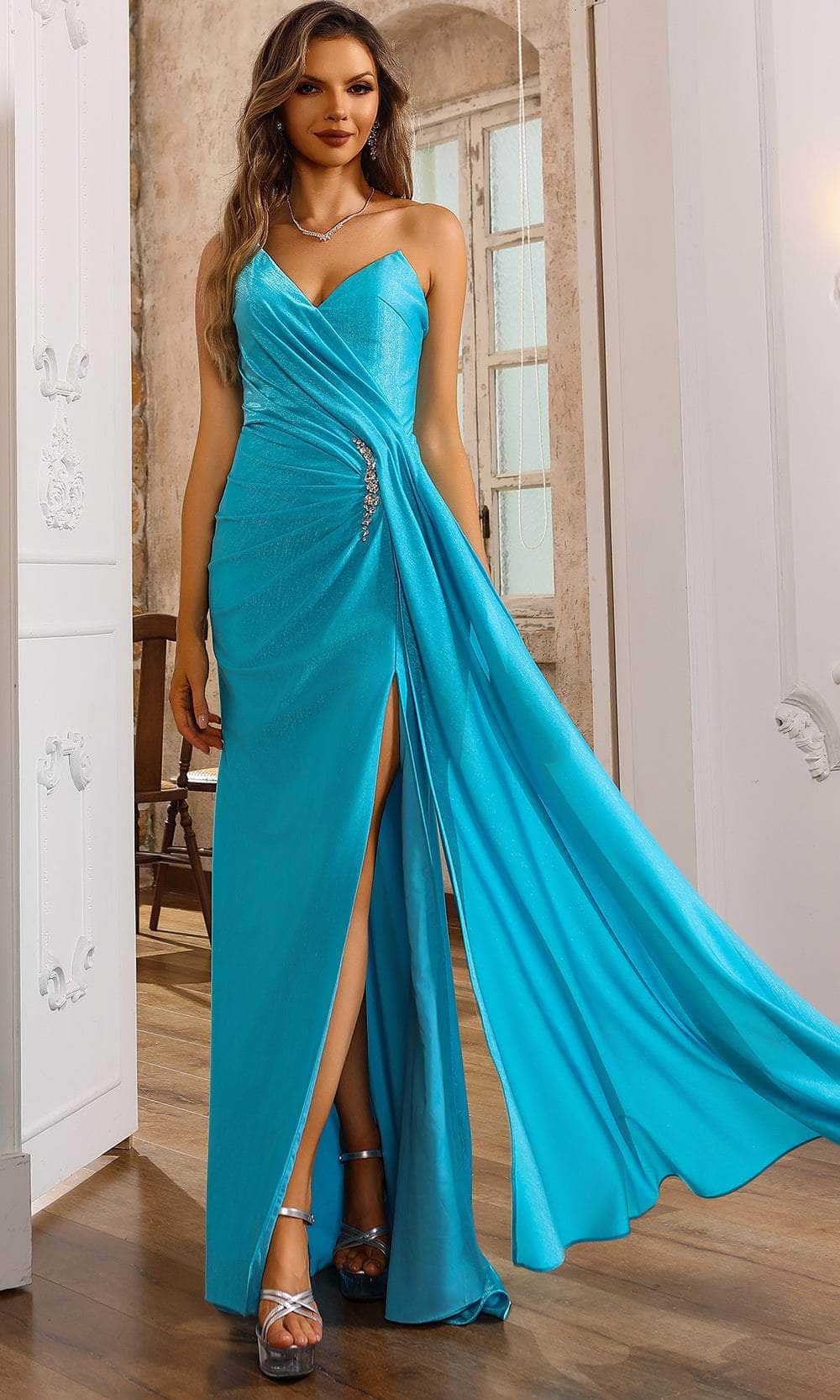 Terani Couture 251P4055 - Deep V-Neck Ruched Metallic Prom Gown - view 7