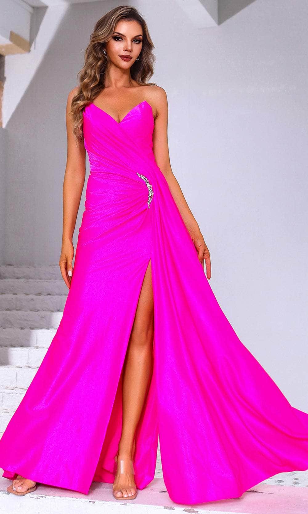 Terani Couture 251P4055 - Deep V-Neck Ruched Metallic Prom Gown - designer prom dress at Silhouette Dresses
