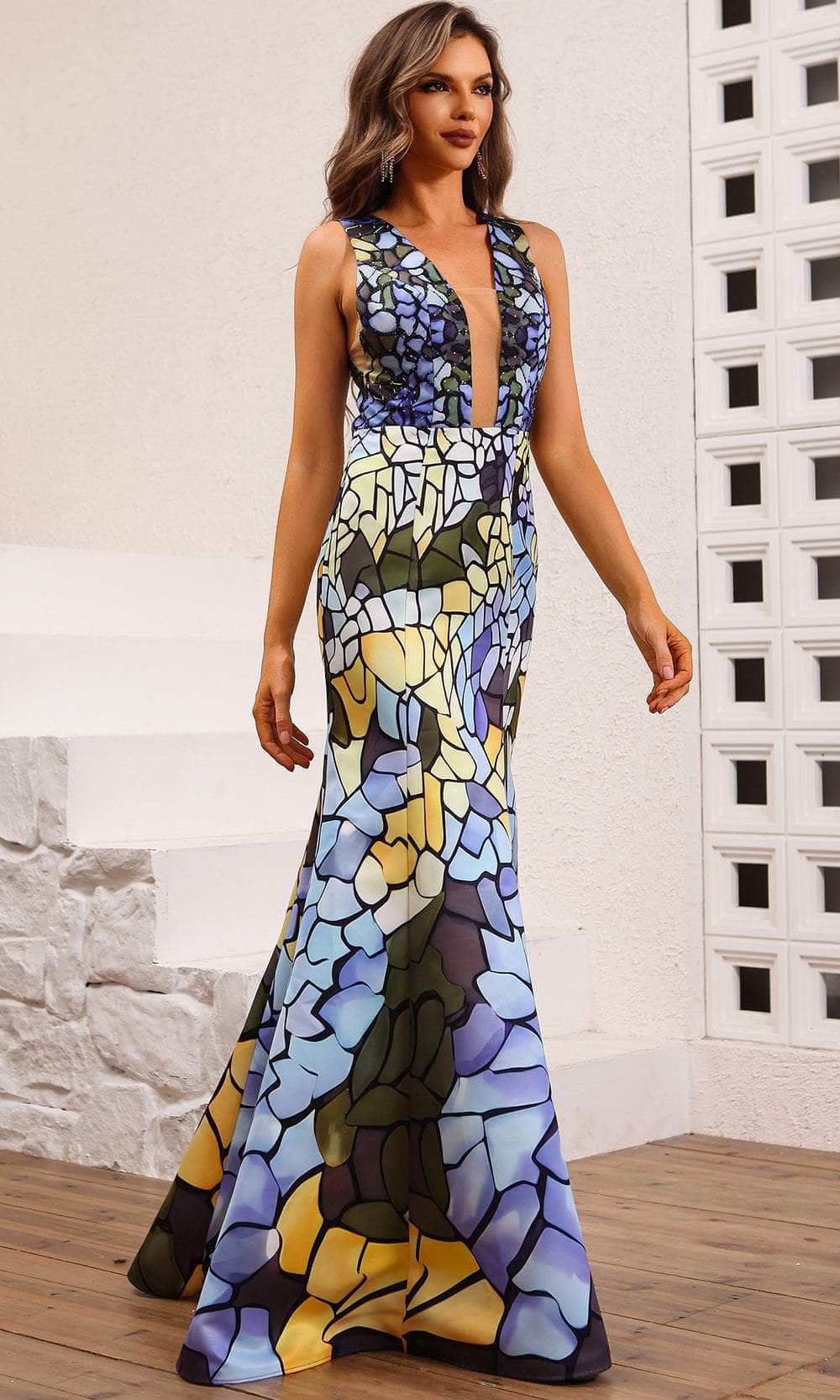 Terani Couture 251P4146 - Sleeveless Printed Satin Prom Gown - back view
