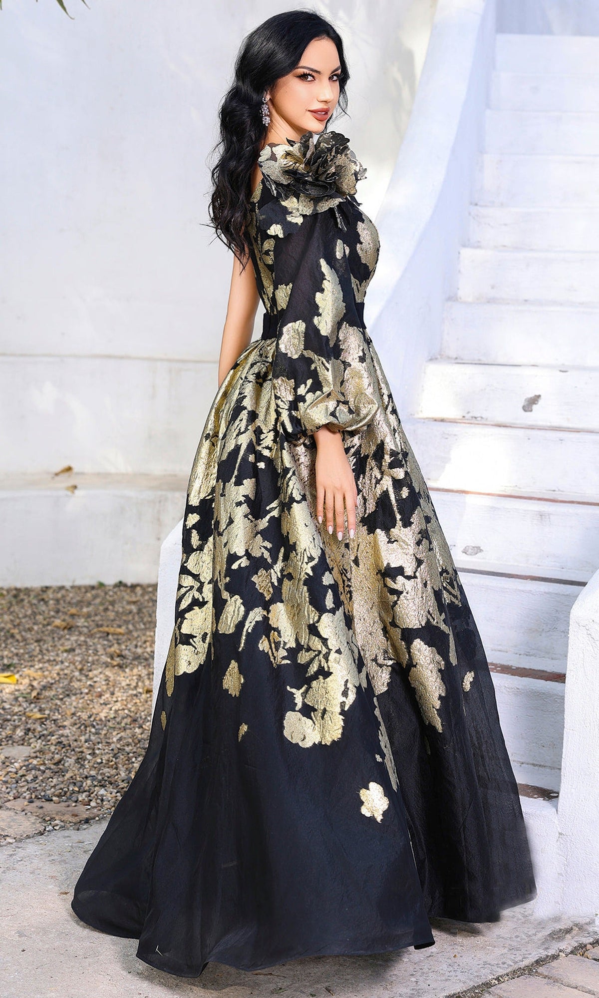 Terani Couture 252E5140 - One Shoulder Metallic Floral Ballgown
