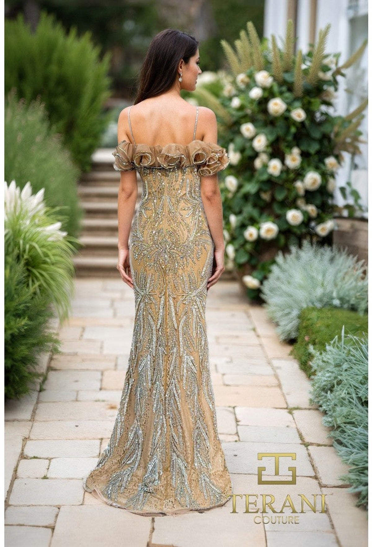 Terani Couture 252GL5226 - Off Shoulder Ruffles Embellished Sheath Gown