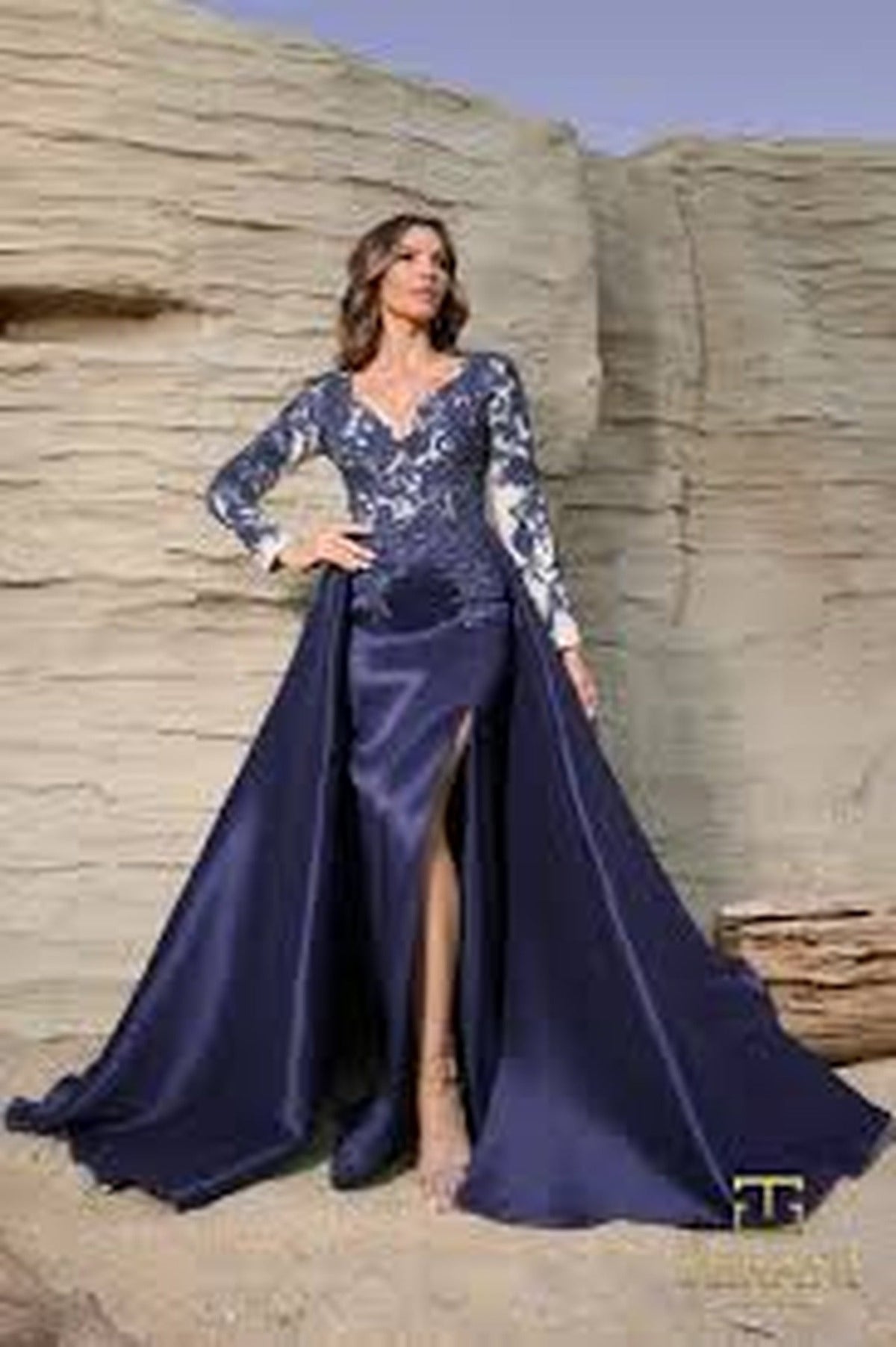 Terani Couture 252M5311 - V-Neck Appliqued Gown with Overskirt