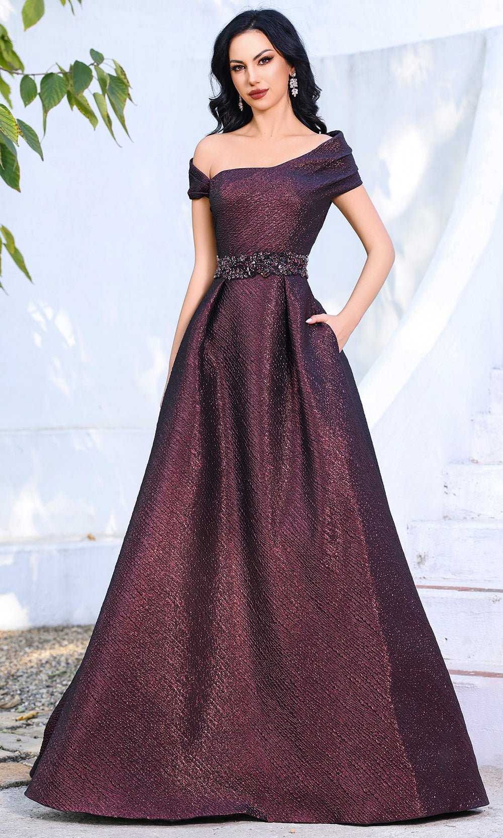 Terani Couture 252M5333 - Asymmetrical Neckline Gown With Belt - Silhouette Dresses