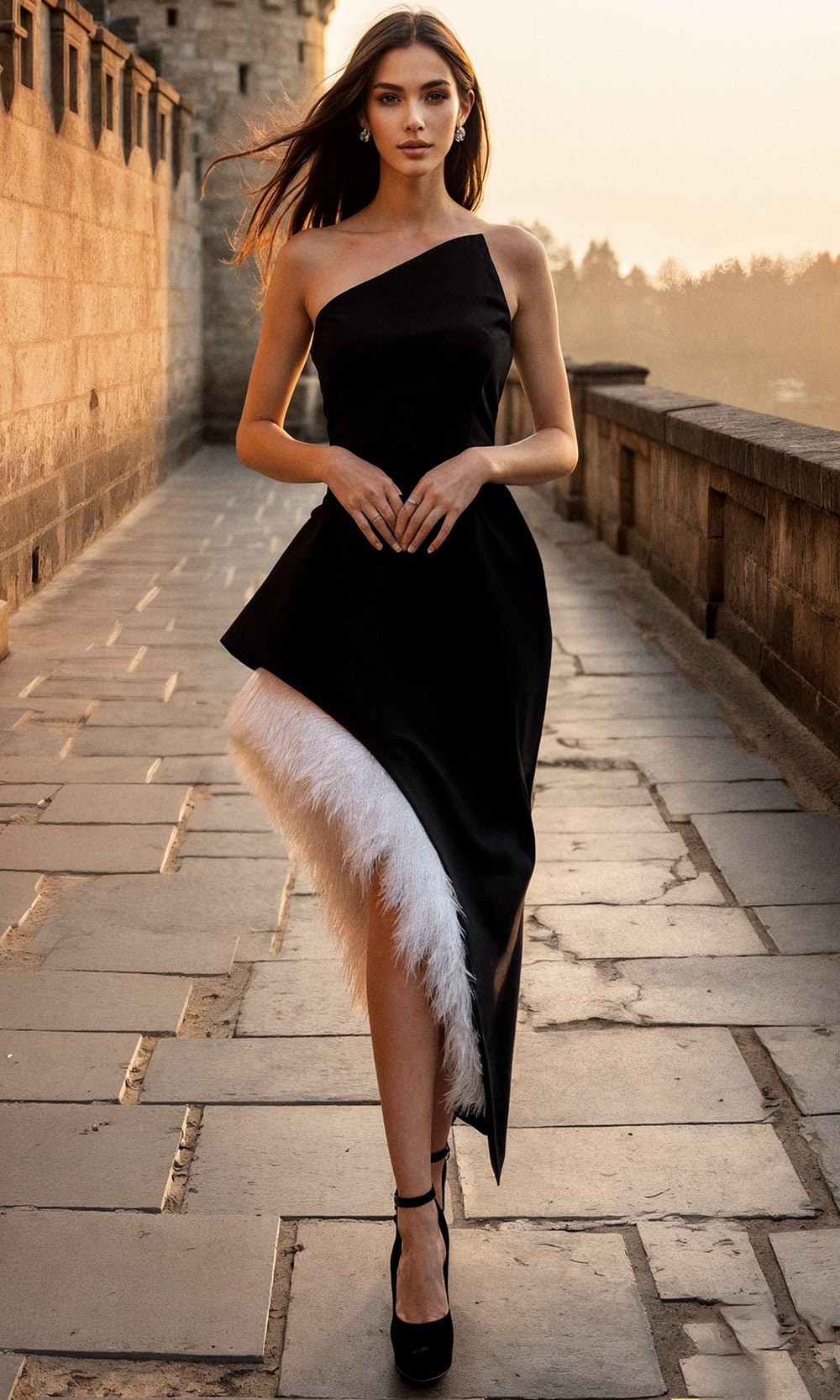 Terani Couture 261C6723 - Asymmetrical Strapless Feather Trim Dress - Silhouette Dresses