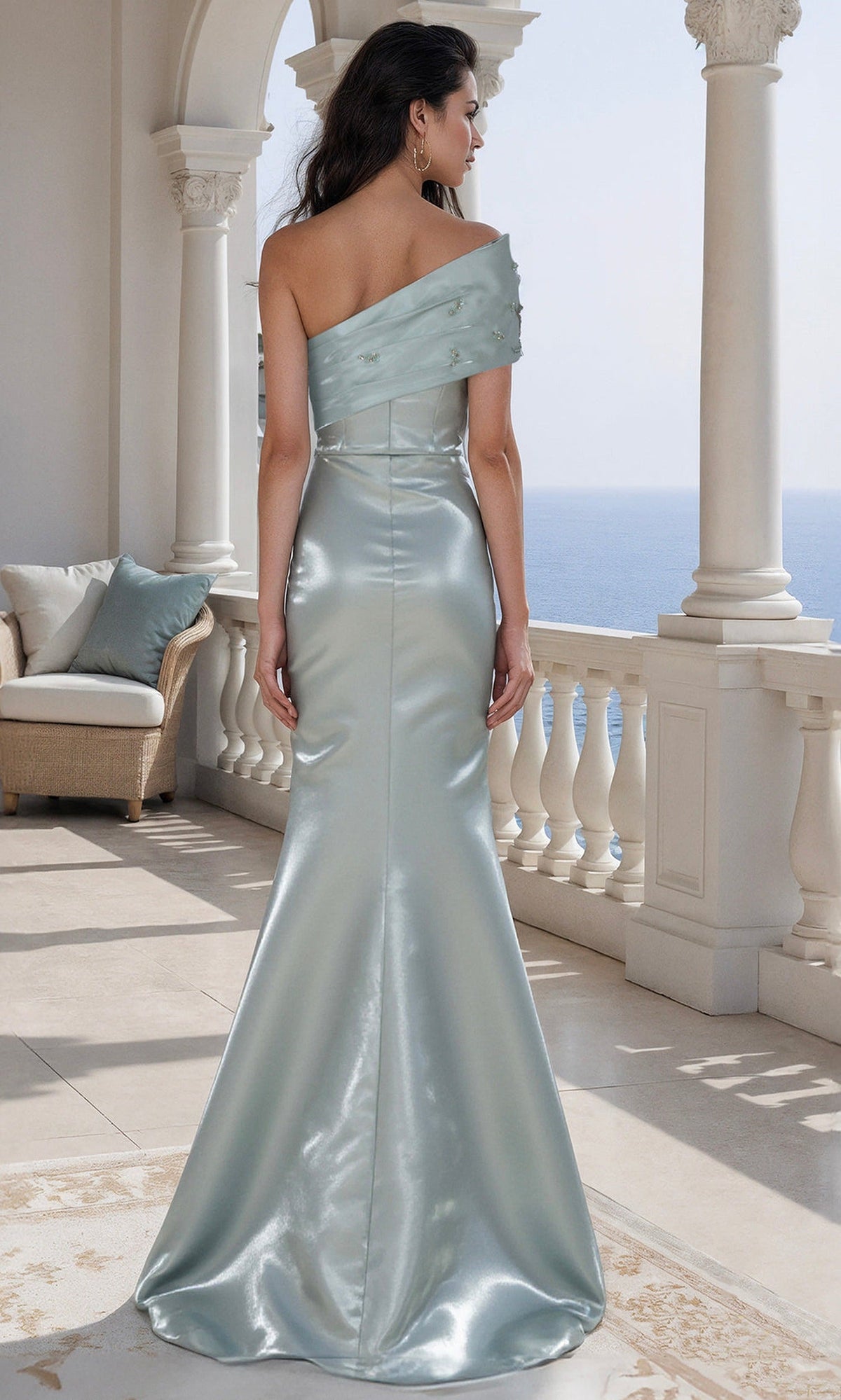 Terani Couture 261E6227 - Asymmetric Neck Shimmer Evening Gown