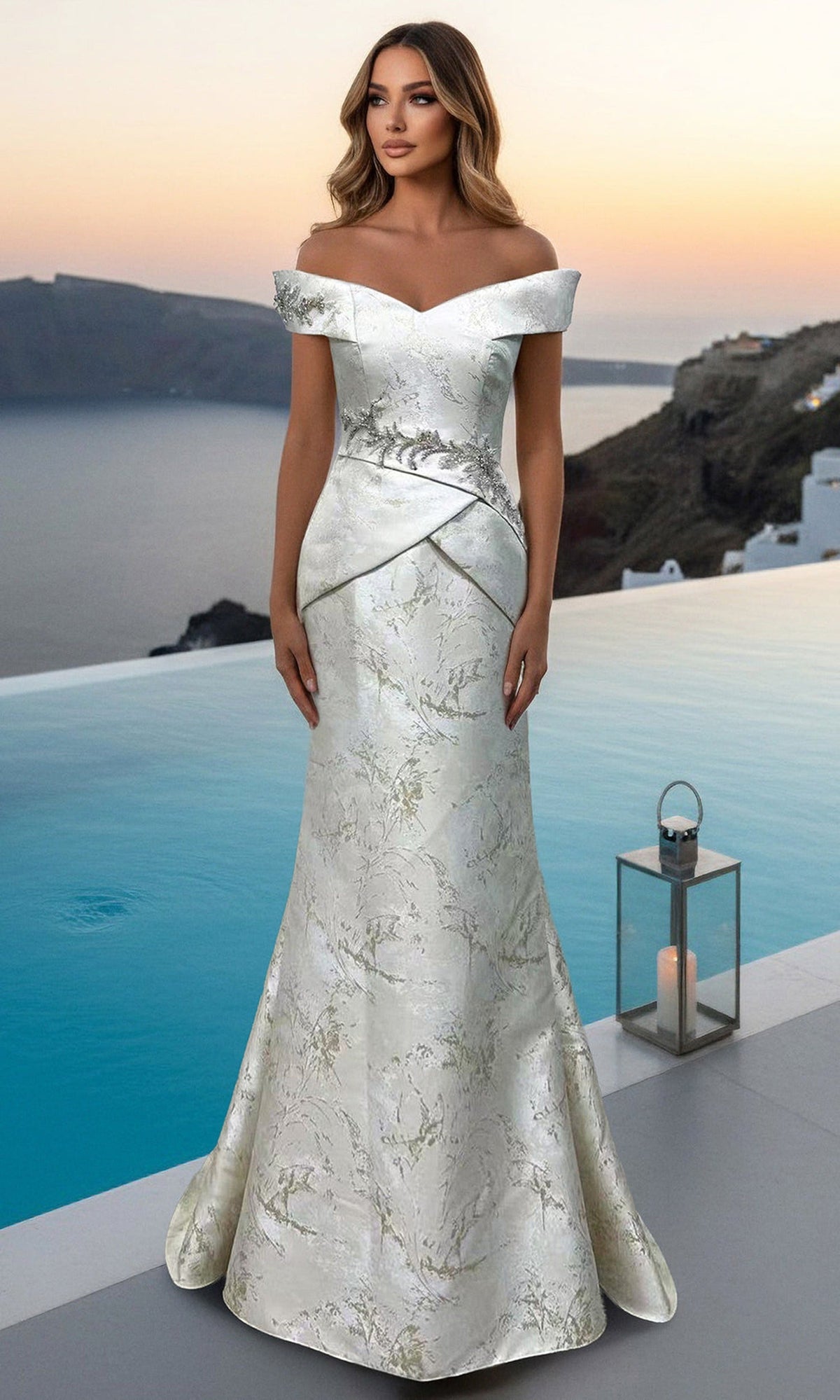 Terani Couture 261E6252 Off Shoulder Jacquard Dress