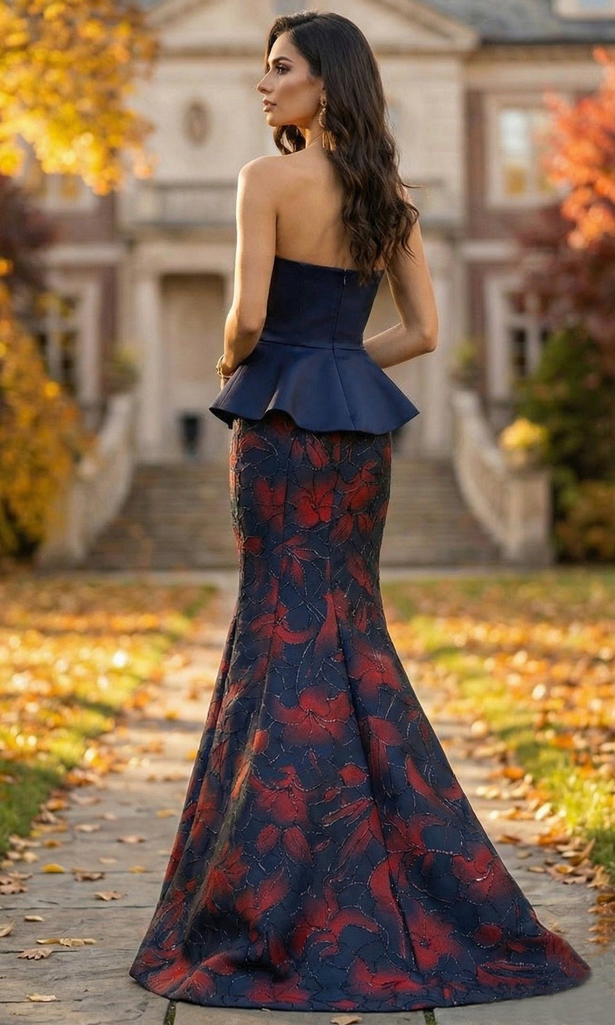Terani Couture 262E7075 - Floral Jacquard Skirt Peplum Evening Gown