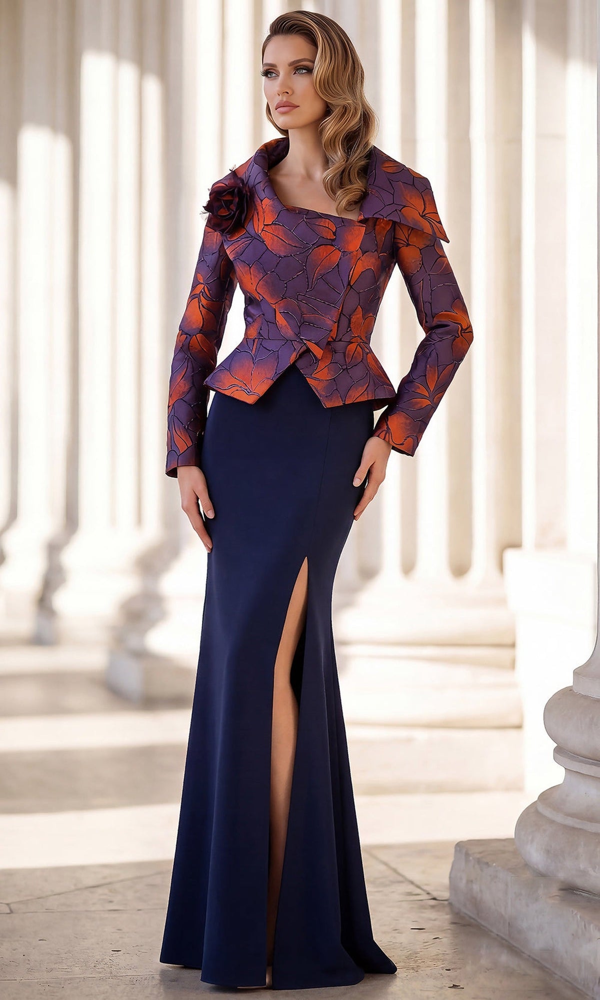 Terani Couture 262E7090 - Floral Jacquard Long Sleeve Evening Gown