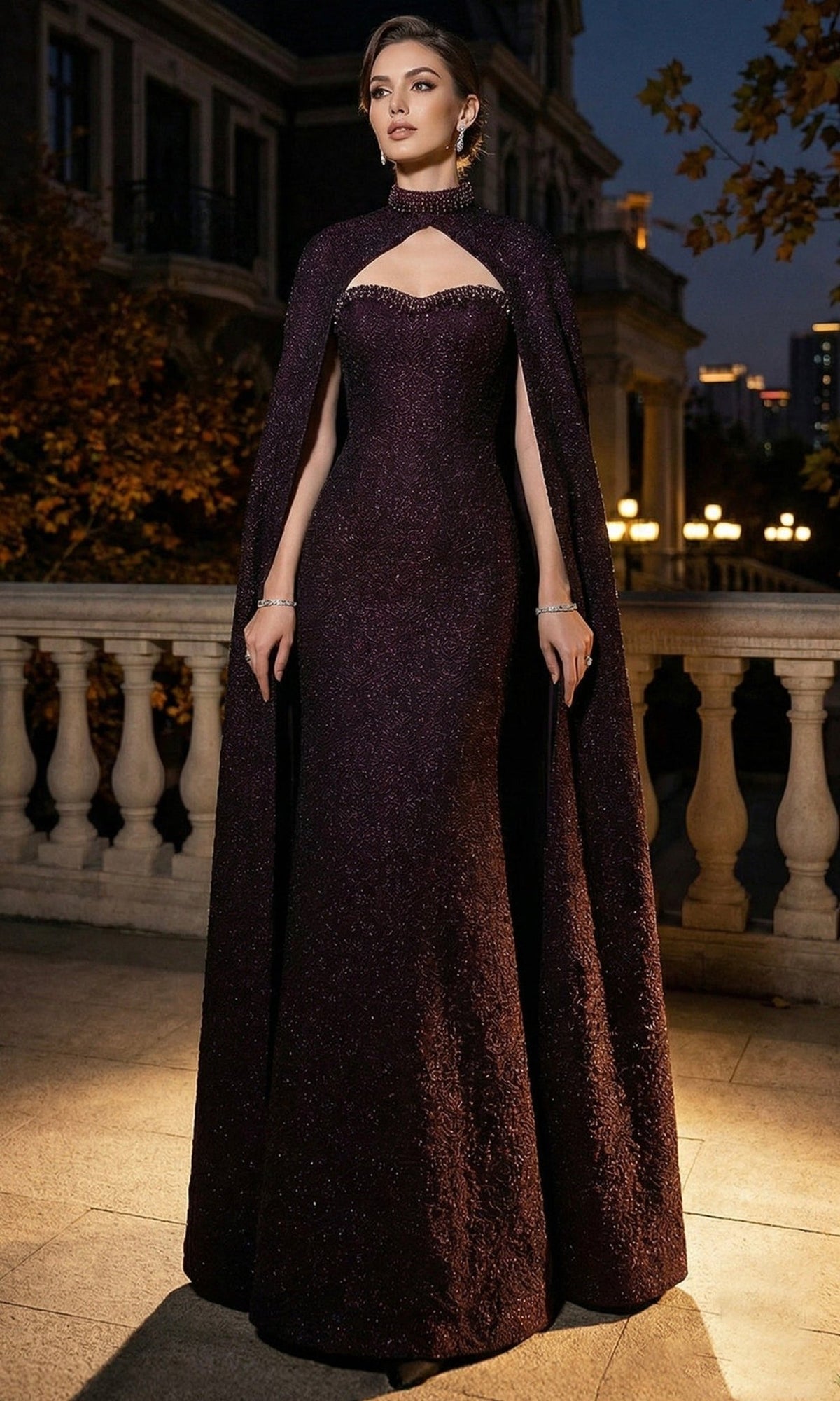 Terani Couture 262E7125 - High Neck Cape Jacquard Evening Gown - Silhouette Dresses