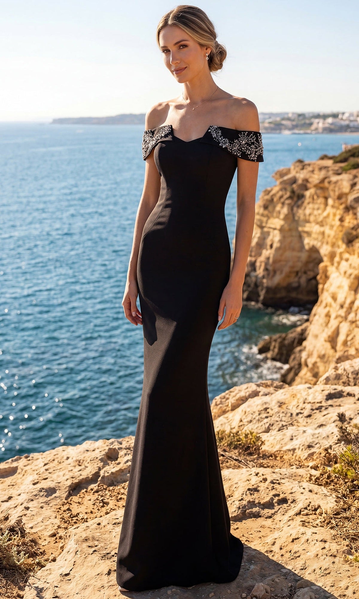 Terani Couture 262E7139 - Beaded Applique Off Shoulder Crepe Gown