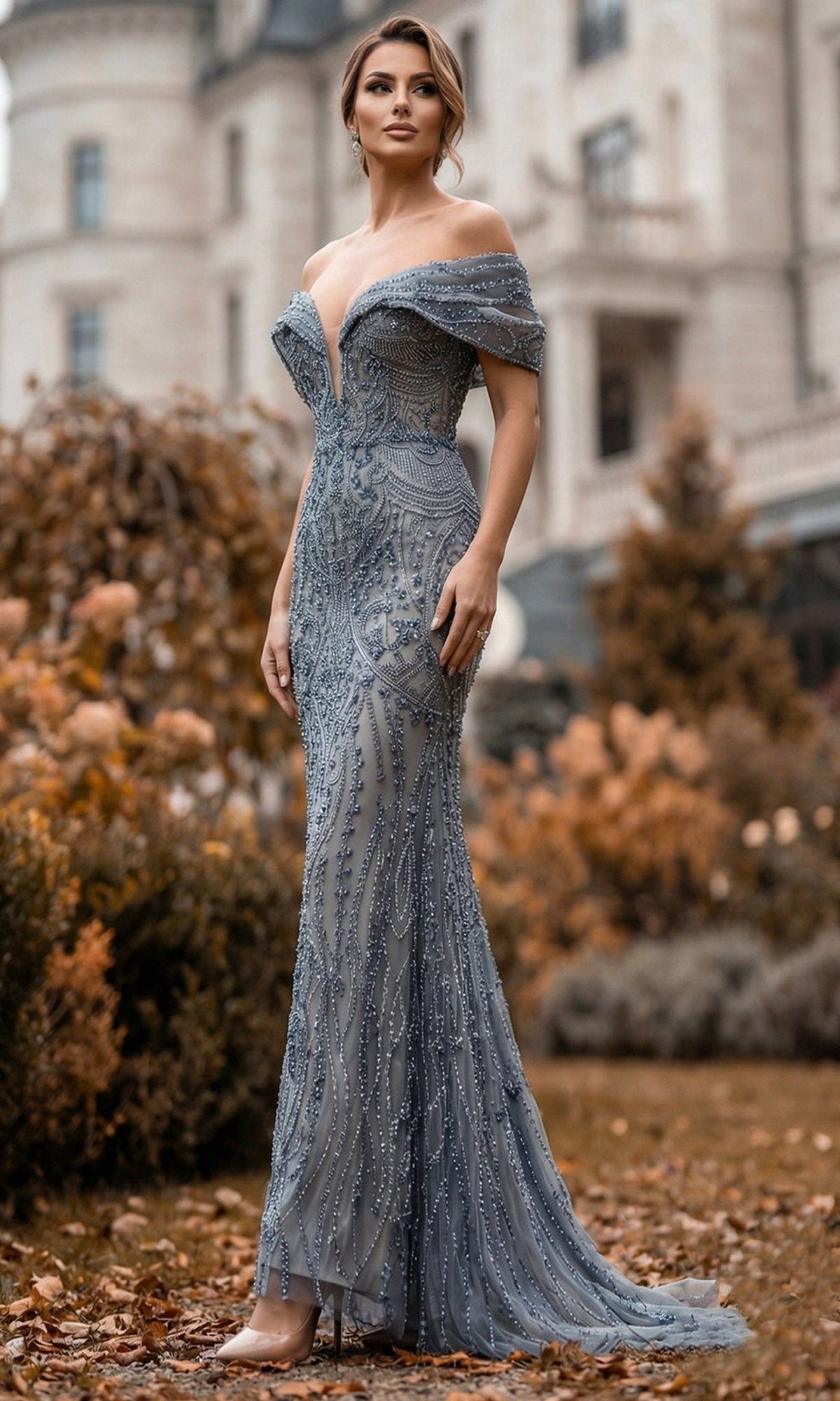Terani Couture 262GL7169 - Plunging Neck Intricate Beadwork Long Gown - Silhouette Dresses