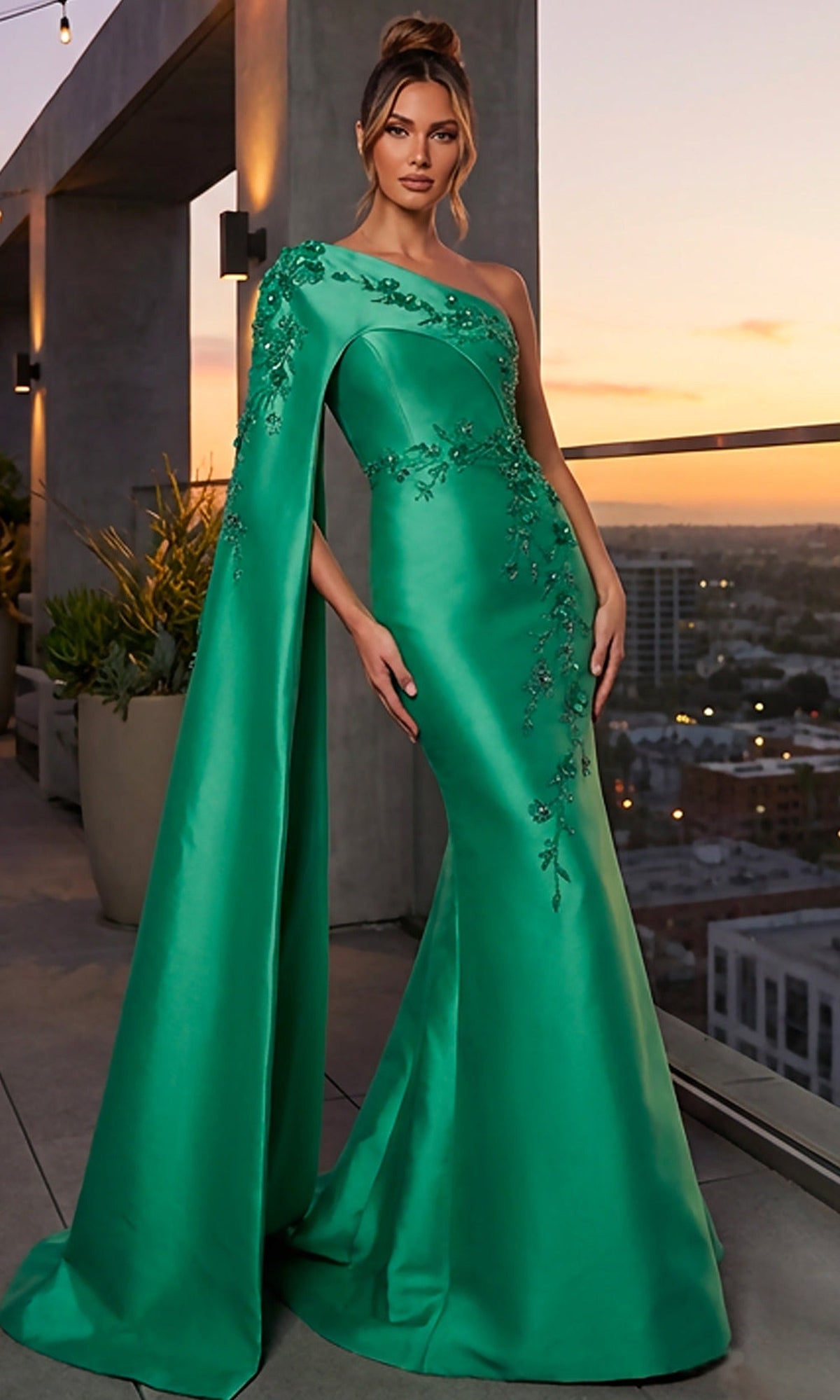 Terani Couture 262M7275 - One Shoulder Cape Beaded Formal Gown
