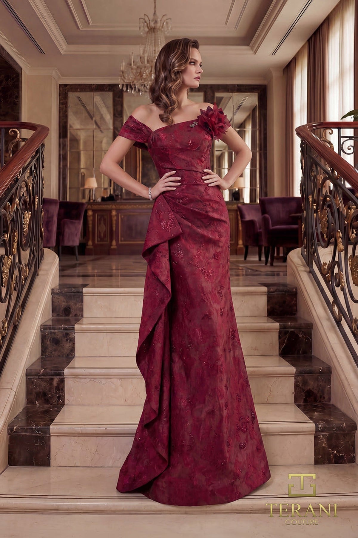 Terani Couture 262M7298 - Off Shoulder Jacquard Formal Gown