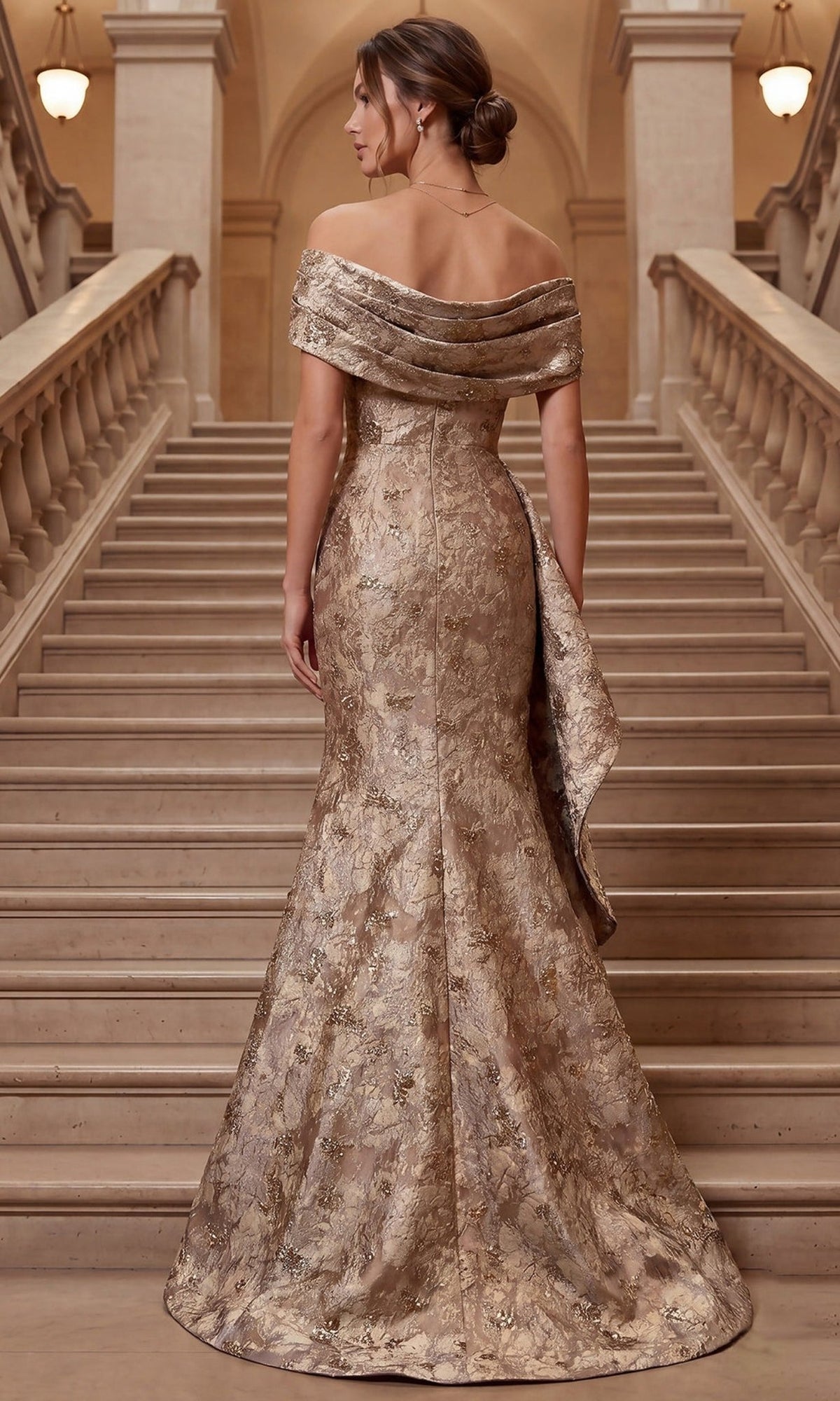 Terani Couture 262M7298 - Off Shoulder Jacquard Formal Gown - Silhouette Dresses