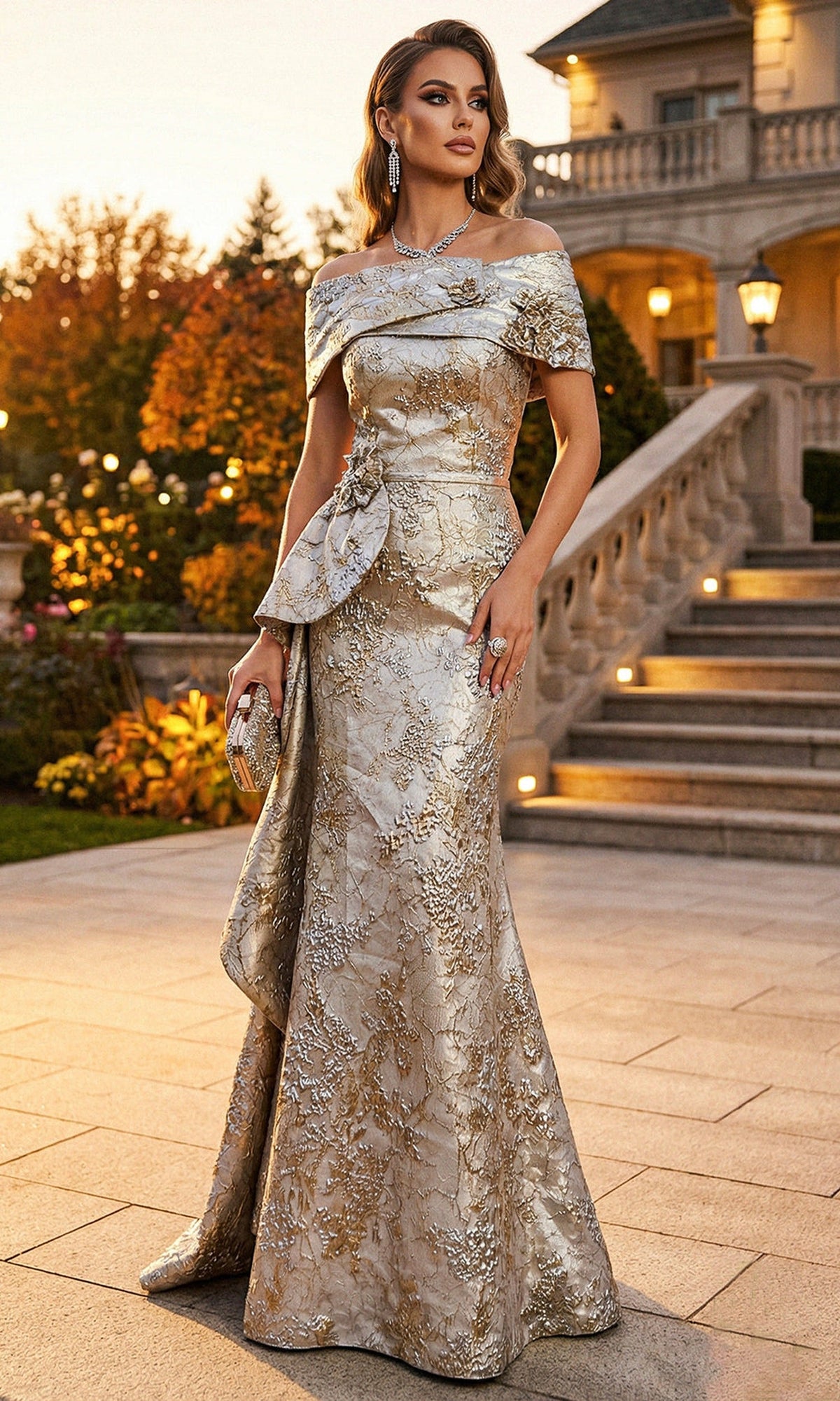 Terani Couture 262M7303 - Jacquard Off Shoulder Trumpet Gown