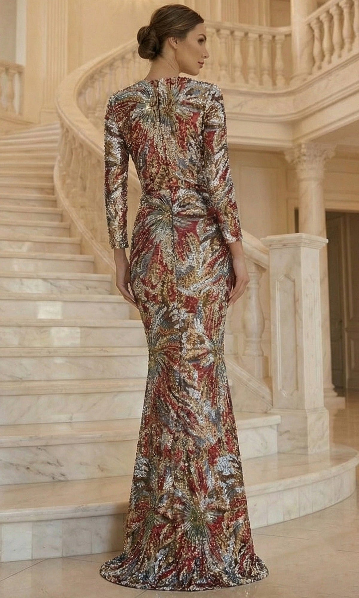 Terani Couture 262M7320 - Starburst Sequin Long Sleeve Evening Gown
