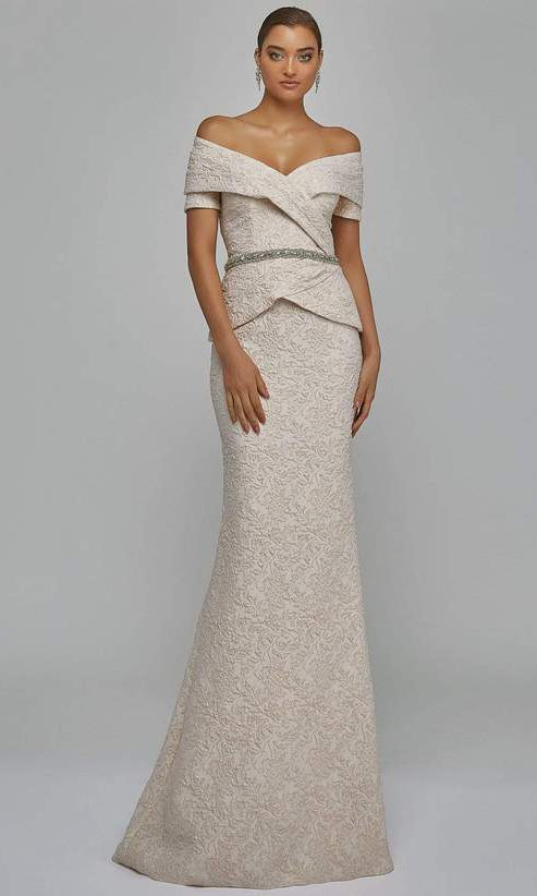 Terani Couture - Off Shoulder V Neck Beaded Belt Sheath Gown 1921M0727 - detail view