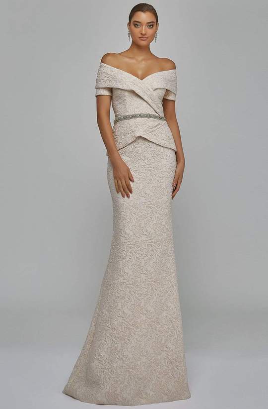 Terani Couture - Off Shoulder V Neck Beaded Belt Sheath Gown 1921M0727 - detail view
