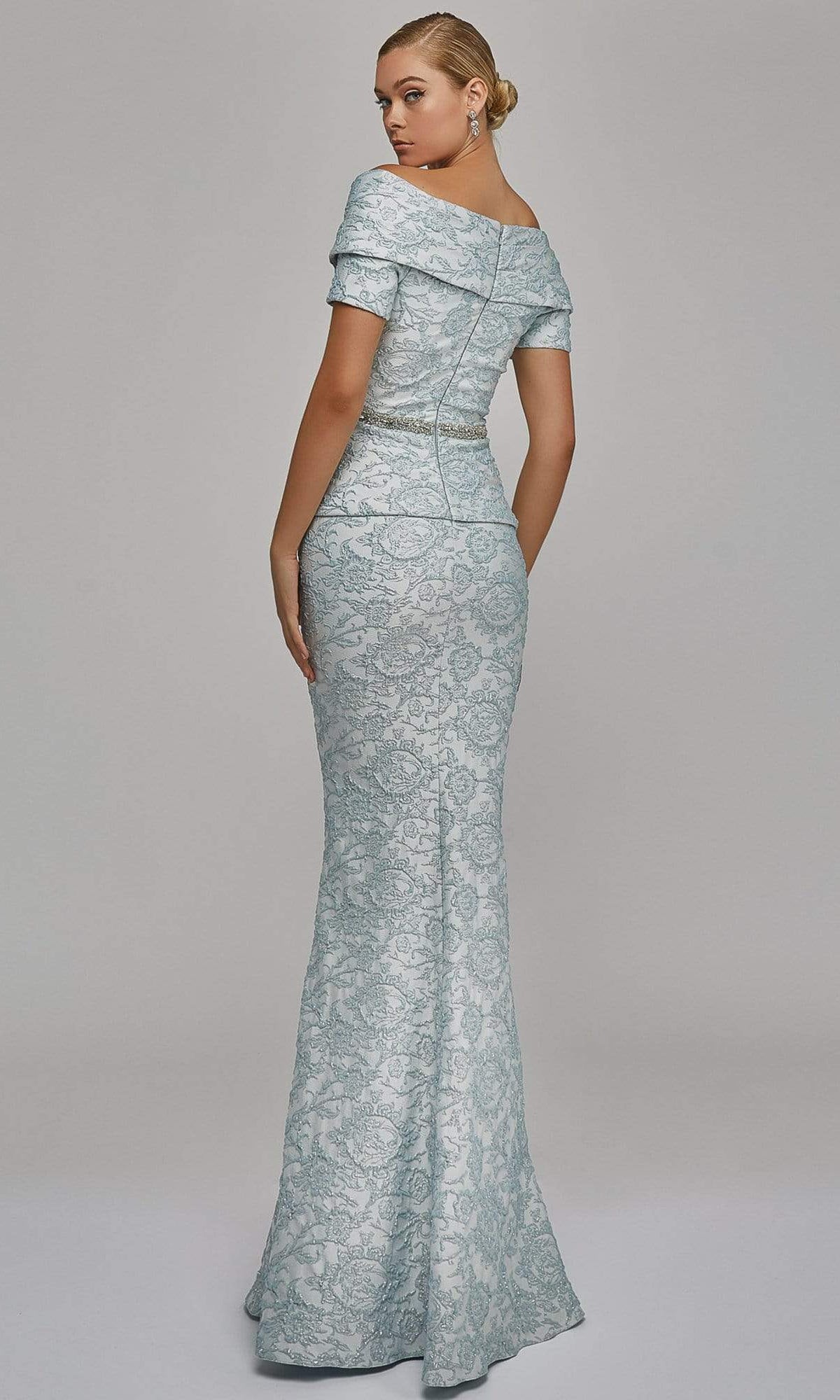 Terani Couture - Off Shoulder V Neck Beaded Belt Sheath Gown 1921M0727 - back view