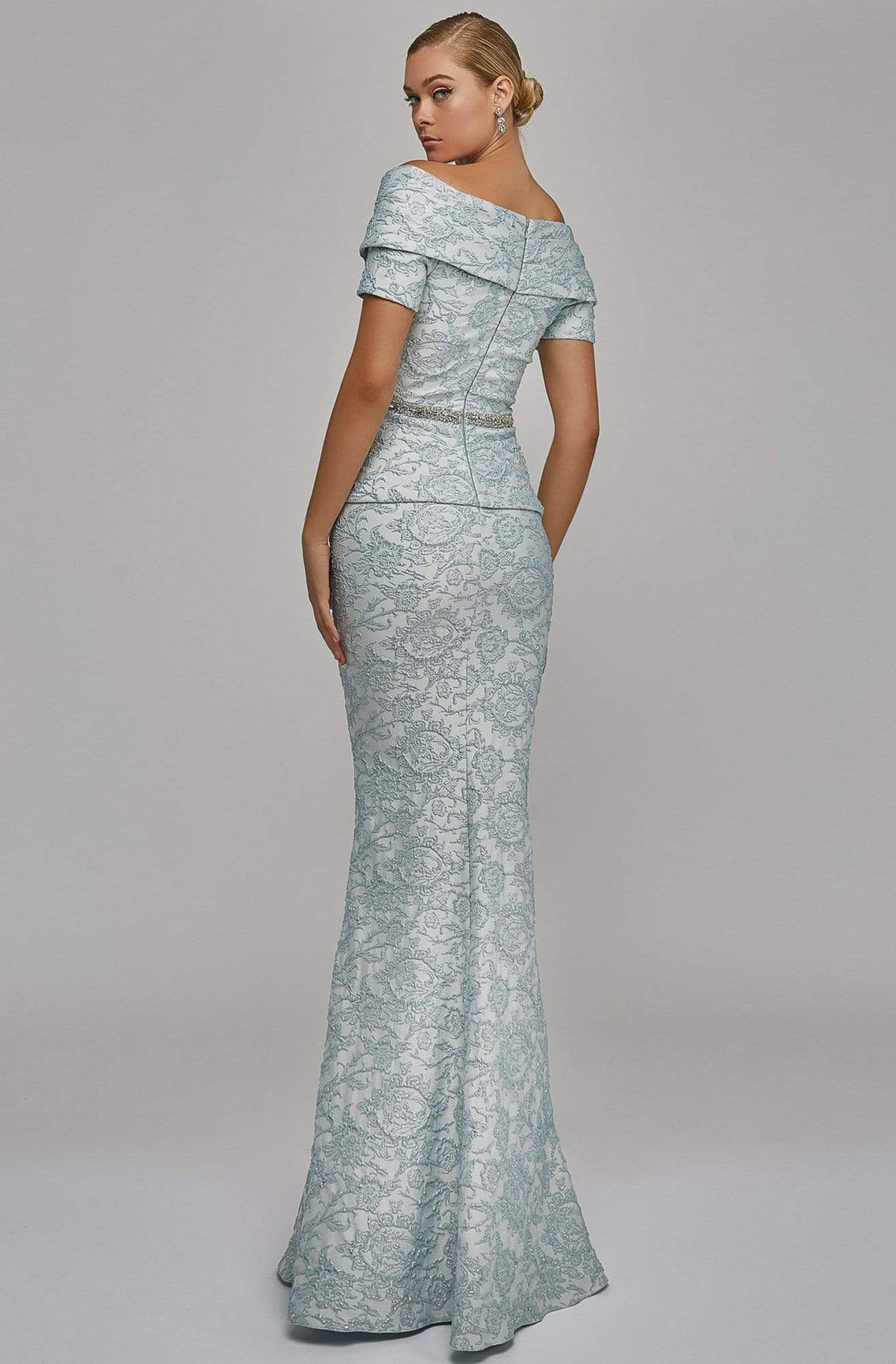 Terani Couture - Off Shoulder V Neck Beaded Belt Sheath Gown 1921M0727 - back view