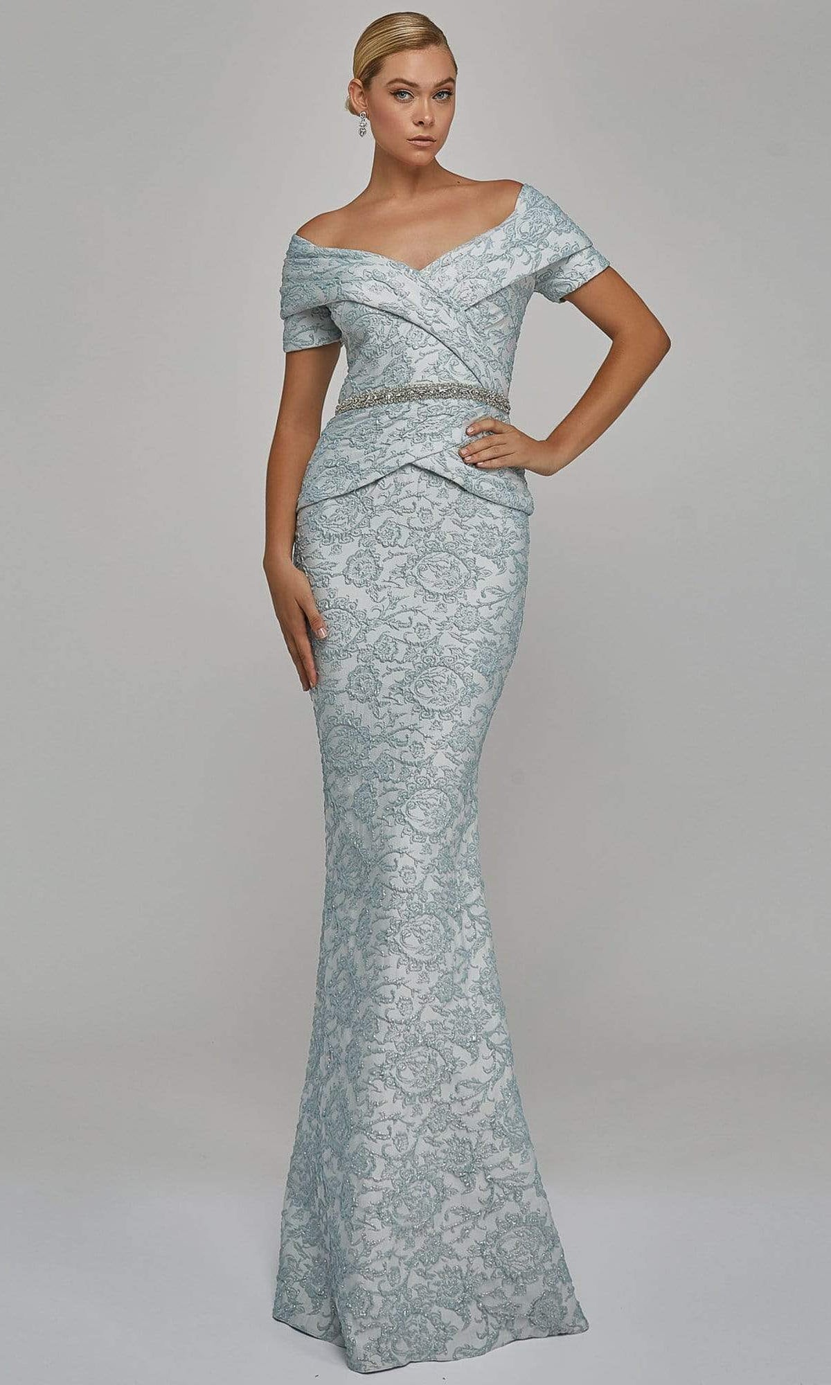 Terani Couture - Off Shoulder V Neck Beaded Belt Sheath Gown 1921M0727 - designer mother of the bride dress at Silhouette Dre