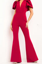 Jovani - 00762 Ruffle Angel Sleeved Split Neckline Jumpsuit - view 7