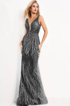 Jovani - 03023 Sheer Bodice Beaded Adorned Feather Fitted Evening Gown - designer prom dress at Silhouette Dresses