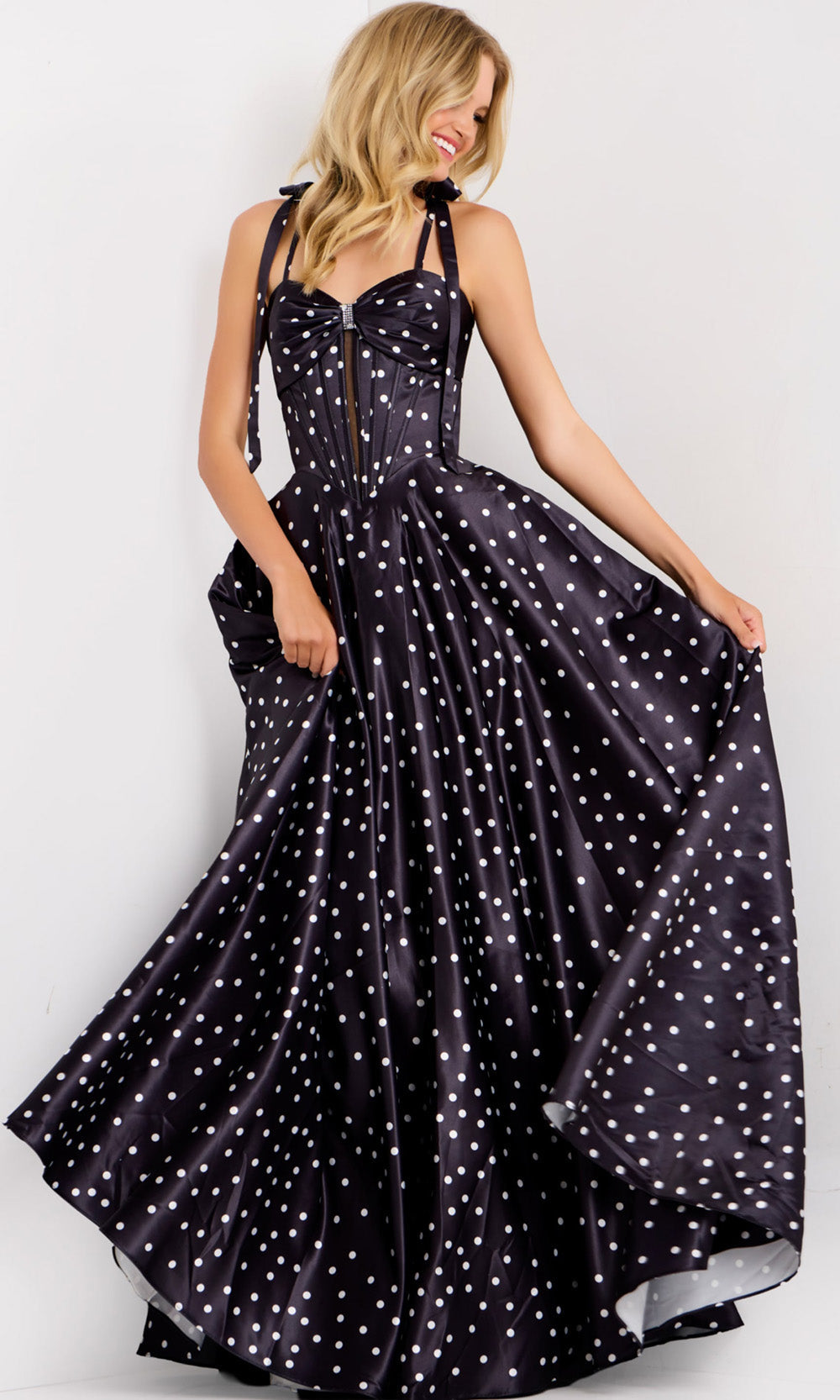 Jovani 49774 - Lace-Up Back Polka Dot Prom Gown - view 7