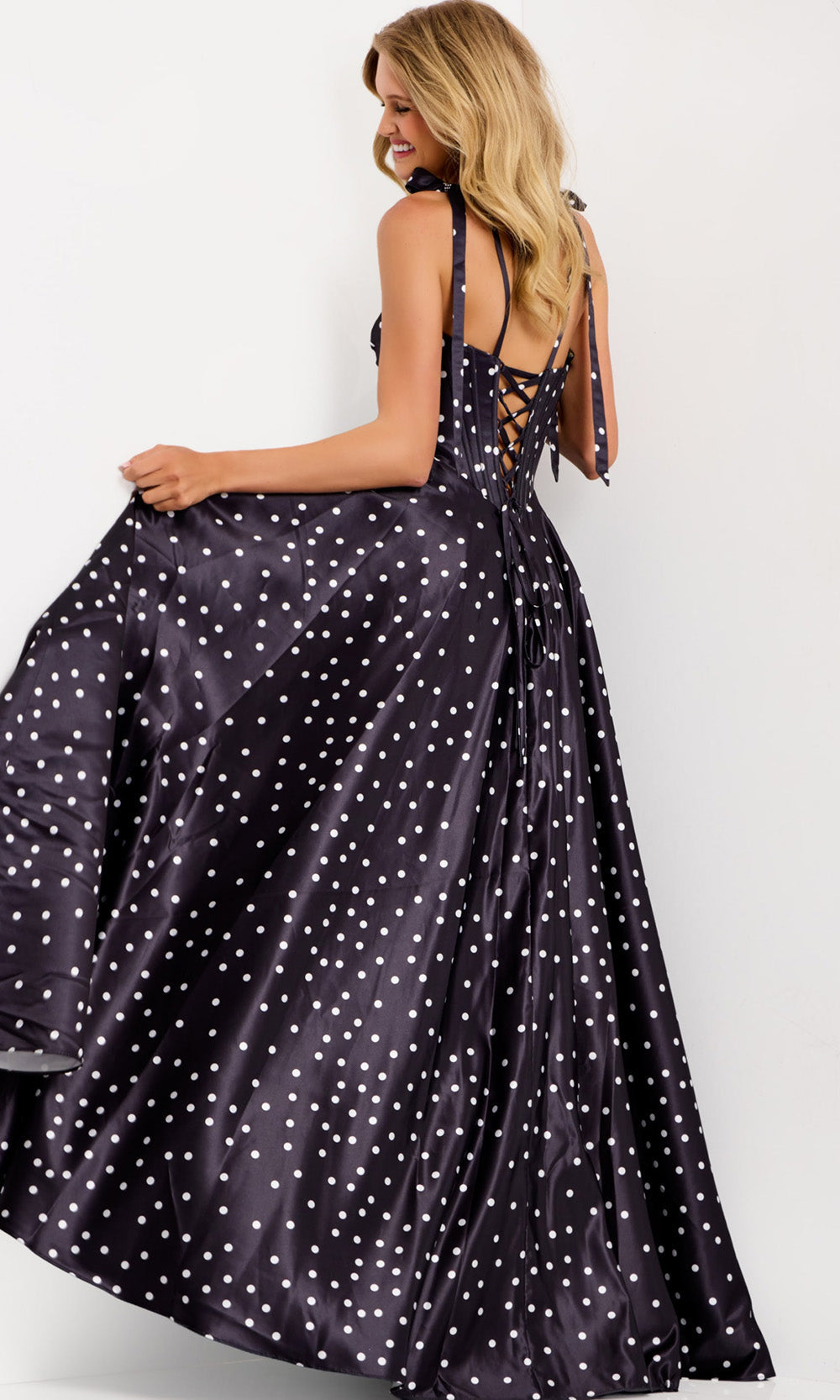 Jovani 49774 - Lace-Up Back Polka Dot Prom Gown - view 6