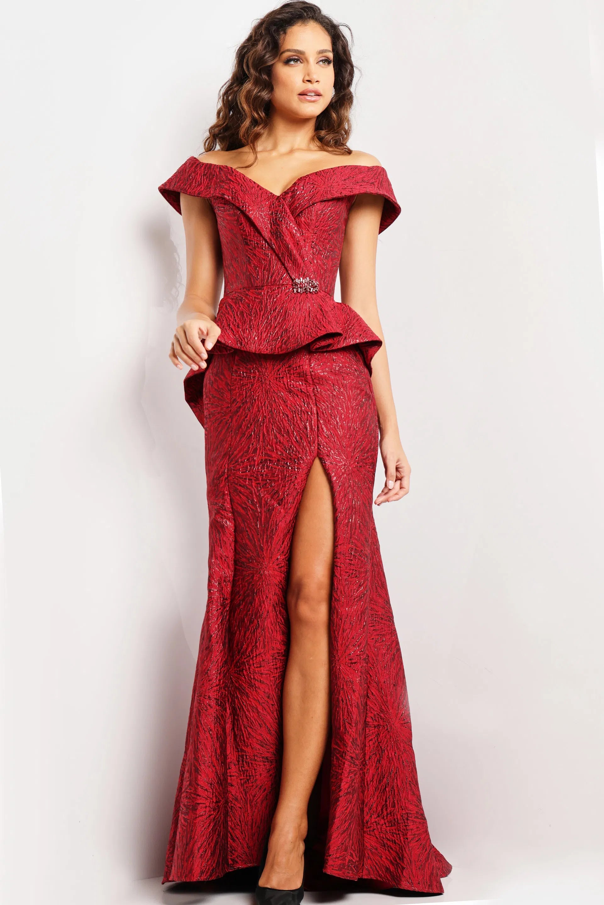 Jovani - 03944 Off Shoulder High Slit Jacquard Mermaid Gown - designer evening gown at Silhouette Dresses