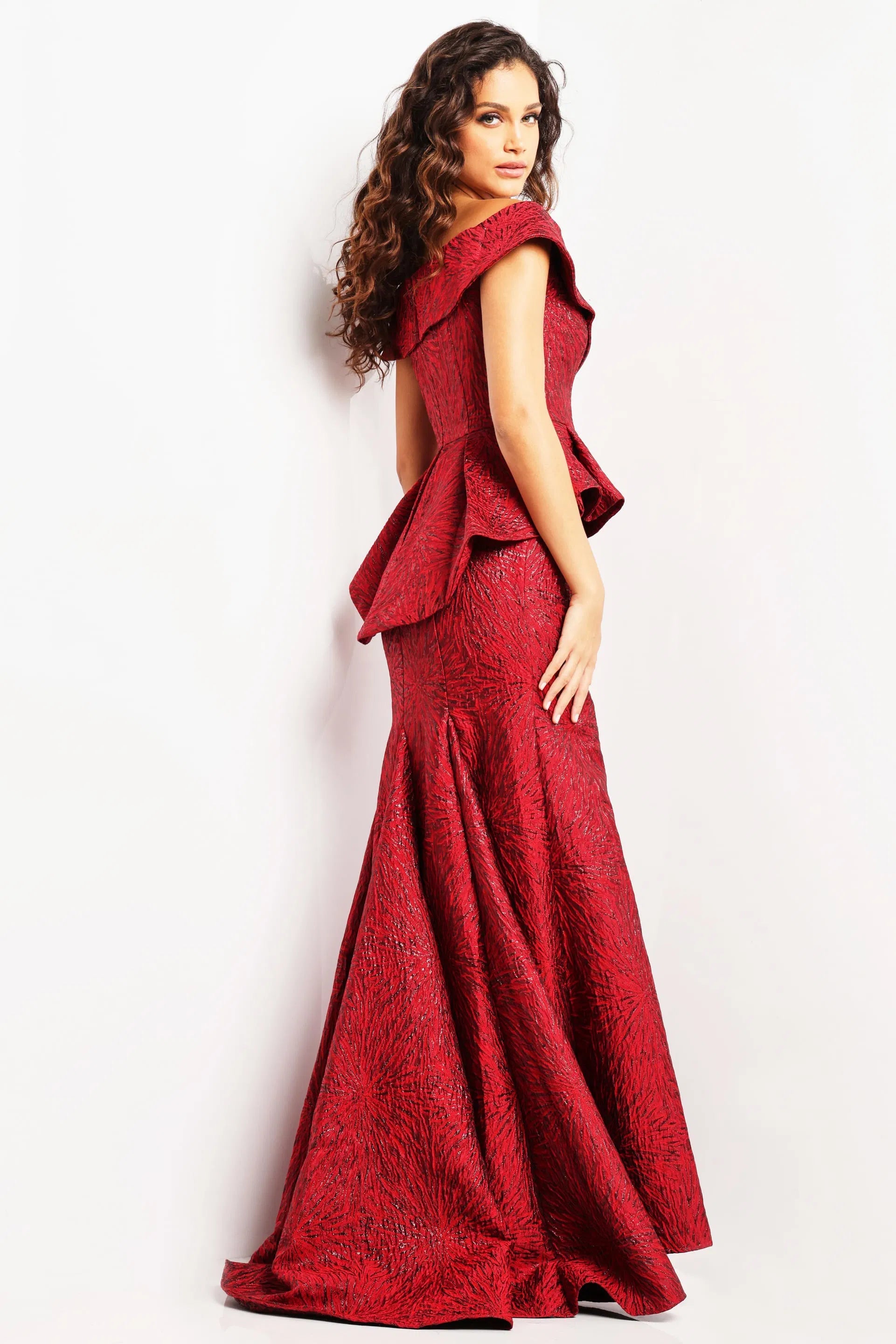 Jovani - 03944 Off Shoulder High Slit Jacquard Mermaid Gown - detail view