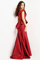 Jovani - 03944 Off Shoulder High Slit Jacquard Mermaid Gown - detail view