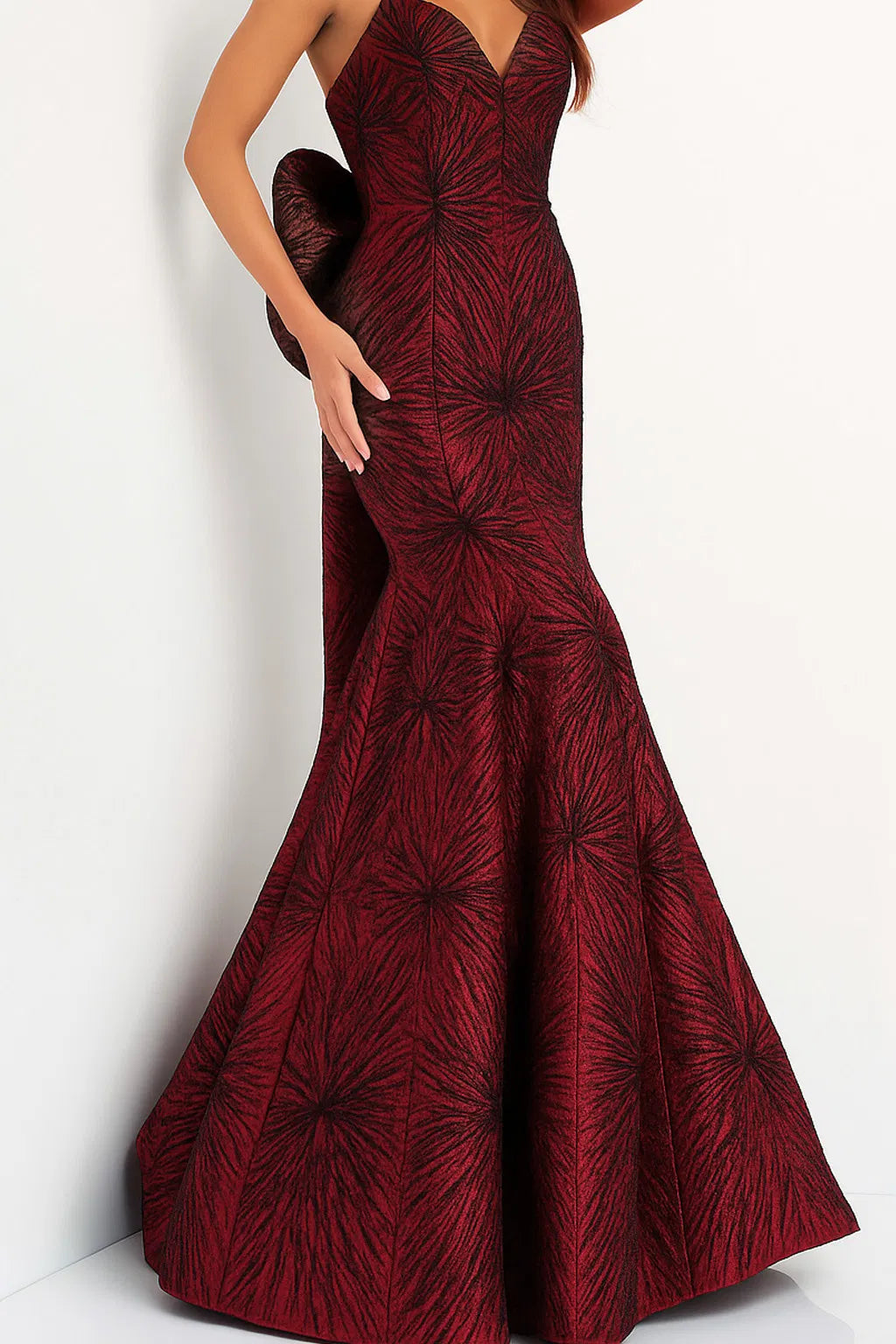 Jovani - 04158 Strapless Bow Accent Open Back Jacquard Evening Dress - designer evening gown at Silhouette Dresses
