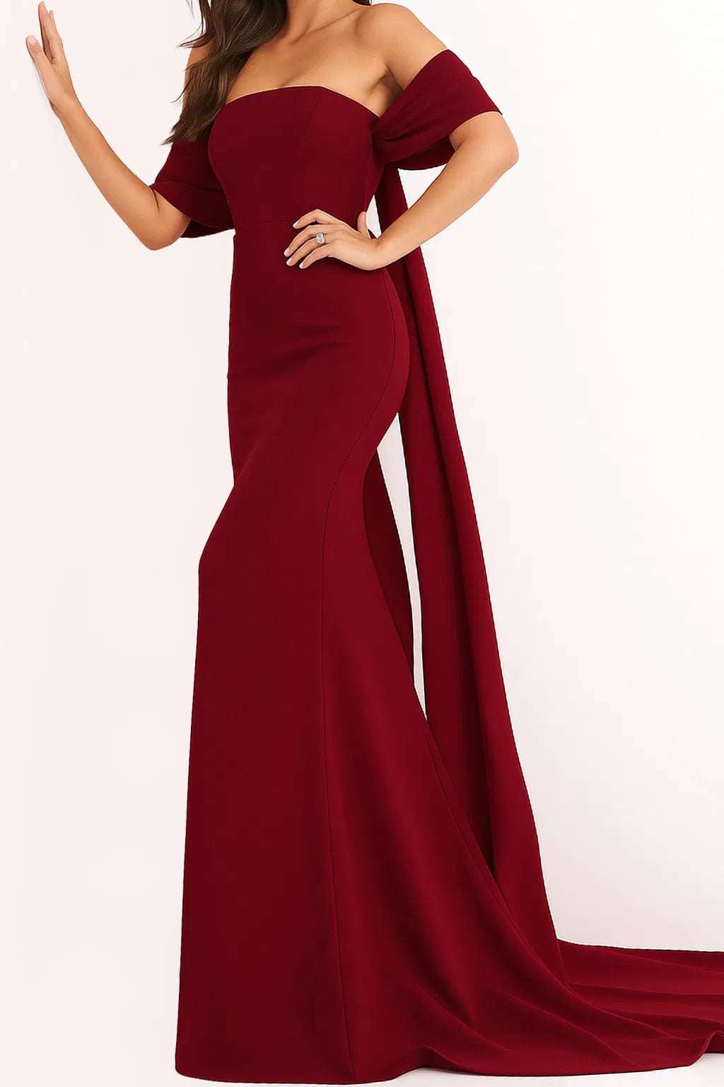 Jovani - 04350 Off Shoulder Crepe Evening Dress With Long Cape - designer prom dress at Silhouette Dresses