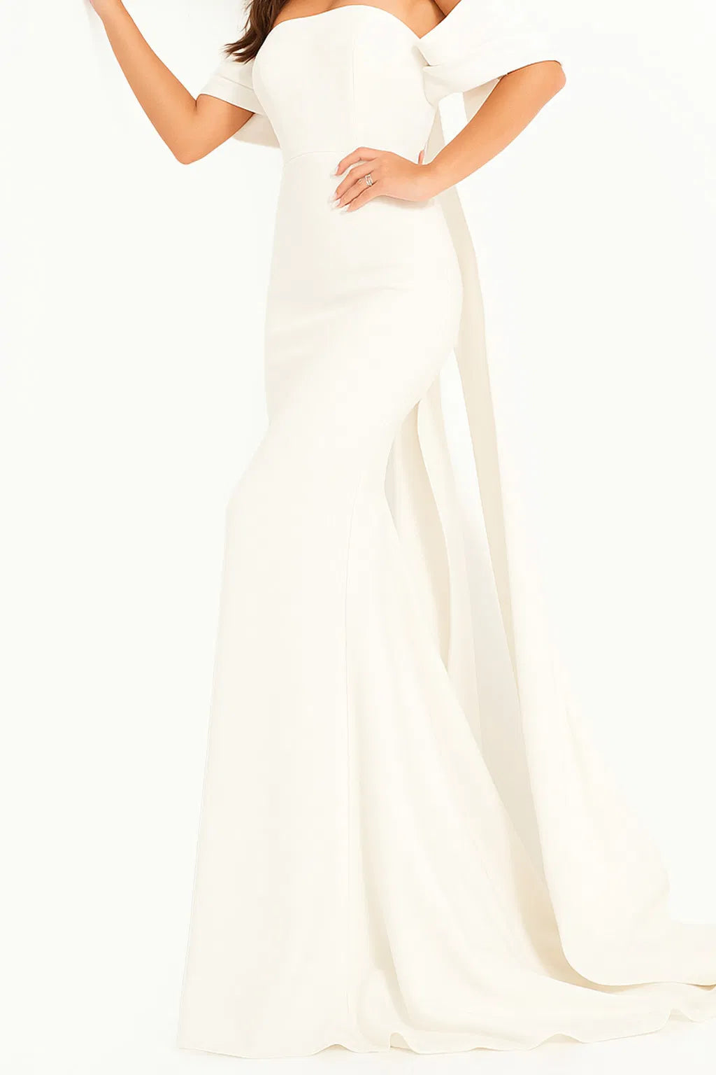 Jovani - 04350 Off Shoulder Crepe Evening Dress With Long Cape - view 5