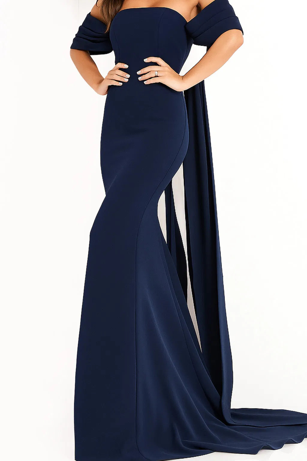 Jovani - 04350 Off Shoulder Crepe Evening Dress With Long Cape - view 6