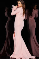 Jovani 04501 - V Neckline Feathered Sleeve Slit Gown - view 7