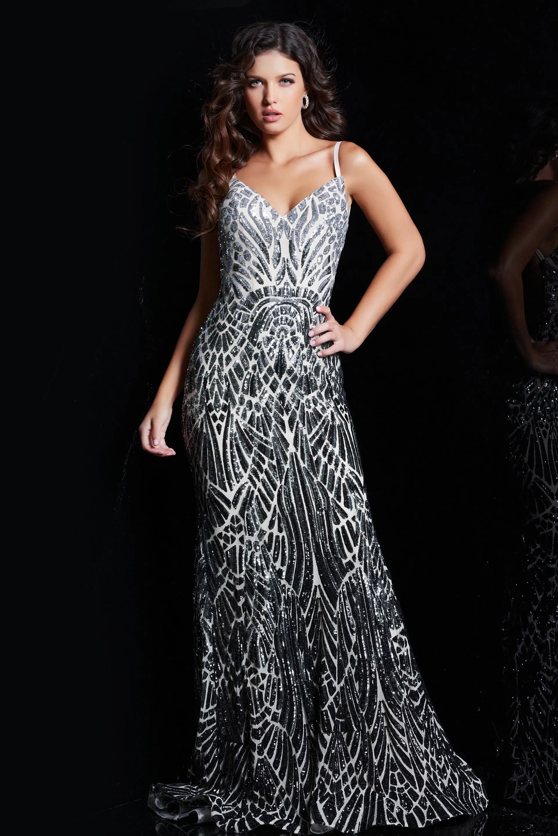 Jovani - 06450 Two Tone Sequined V Neck Trumpet Dress - view 10