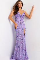Jovani 46097 - Sequin Floral V-Neck Fitted Dress - detail view