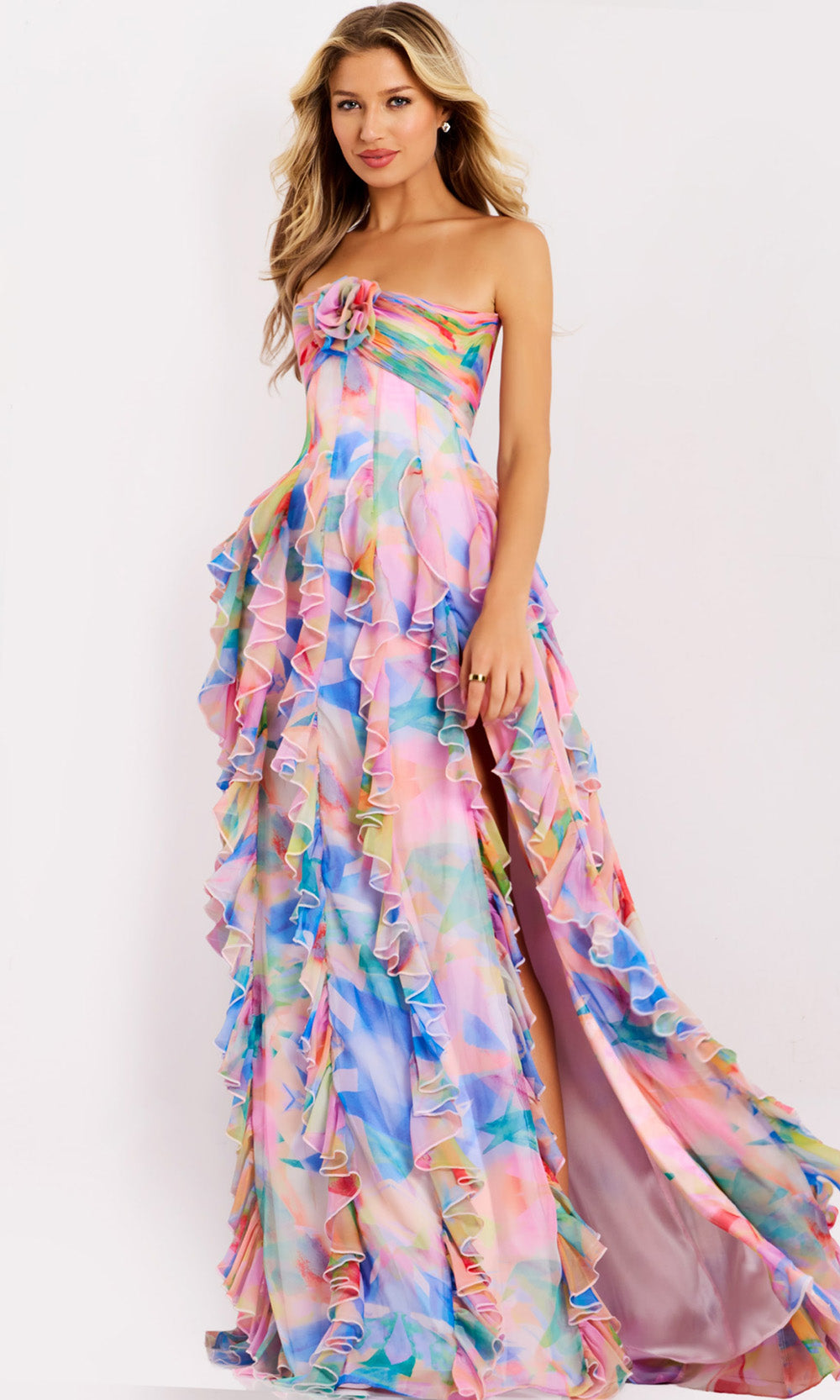 Jovani 46381 - Strapless Layered Ruffle Long Gown - detail view