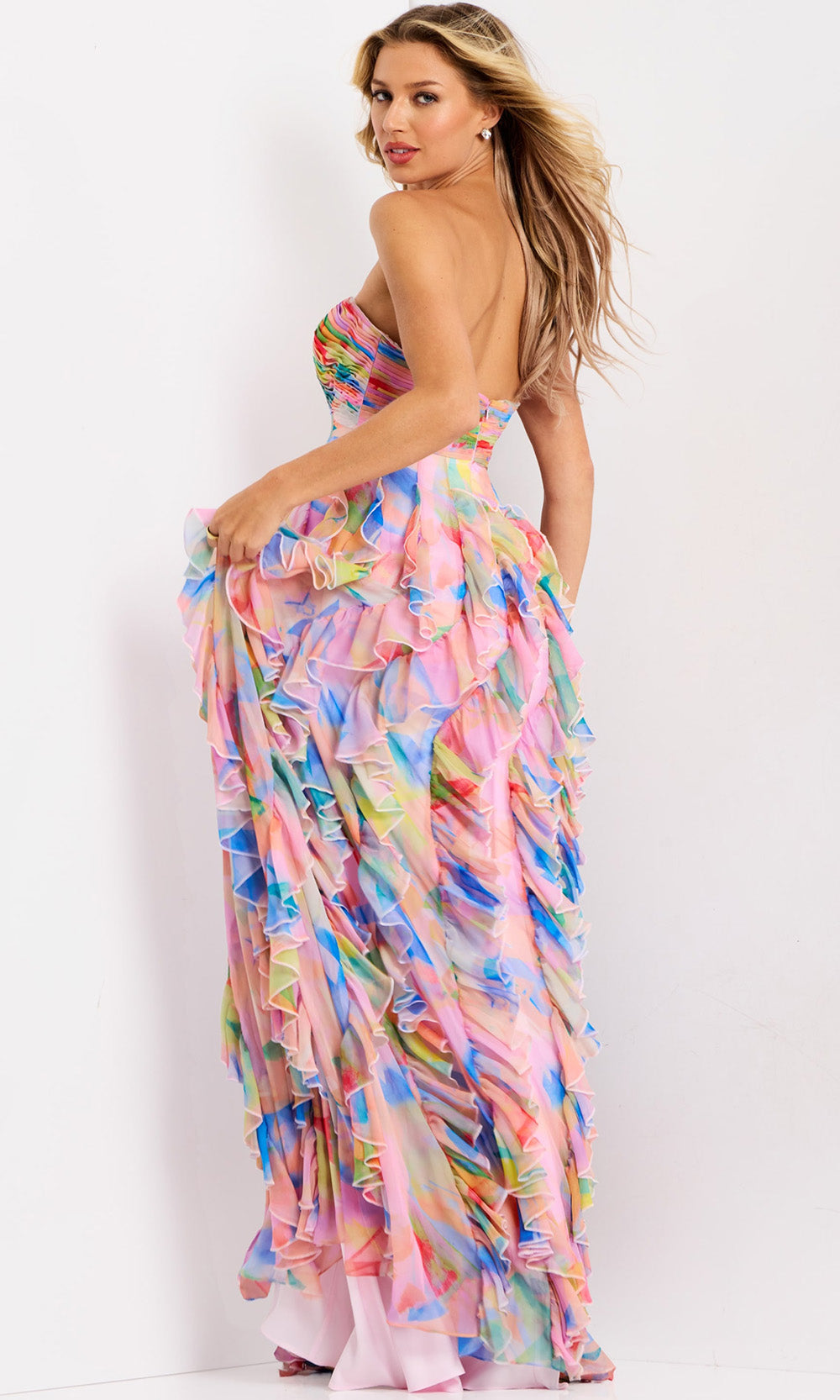 Jovani 46381 - Strapless Layered Ruffle Long Gown - back view