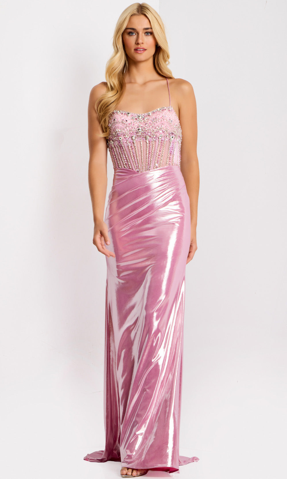 Jovani 47325 - Beaded Corset Metallic Satin Dress - view 4