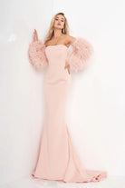 Jovani - 1226 Strapless Trumpet Dress With Feathered Sleeves - view 5