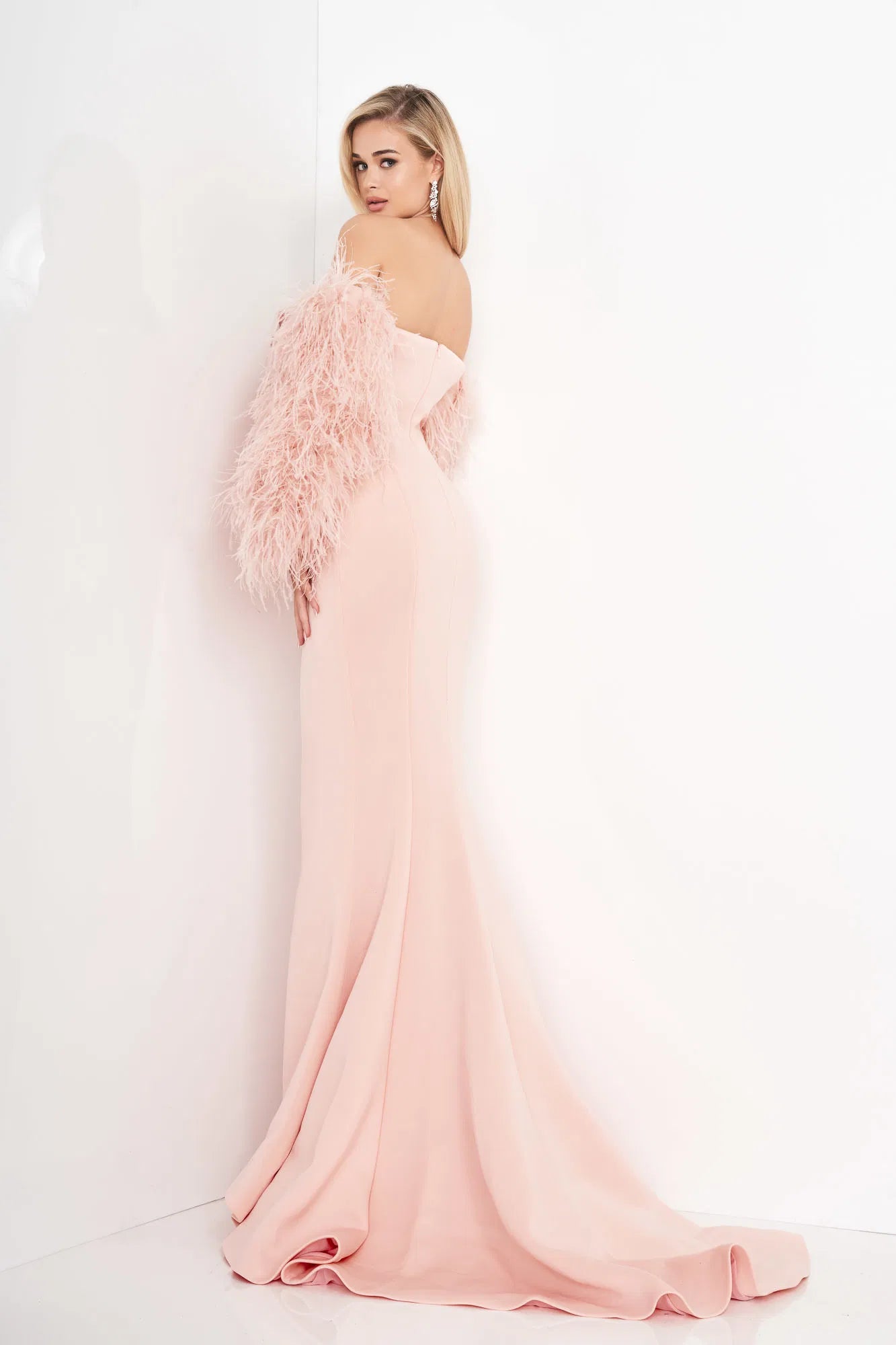 Jovani - 1226 Strapless Trumpet Dress With Feathered Sleeves - view 6
