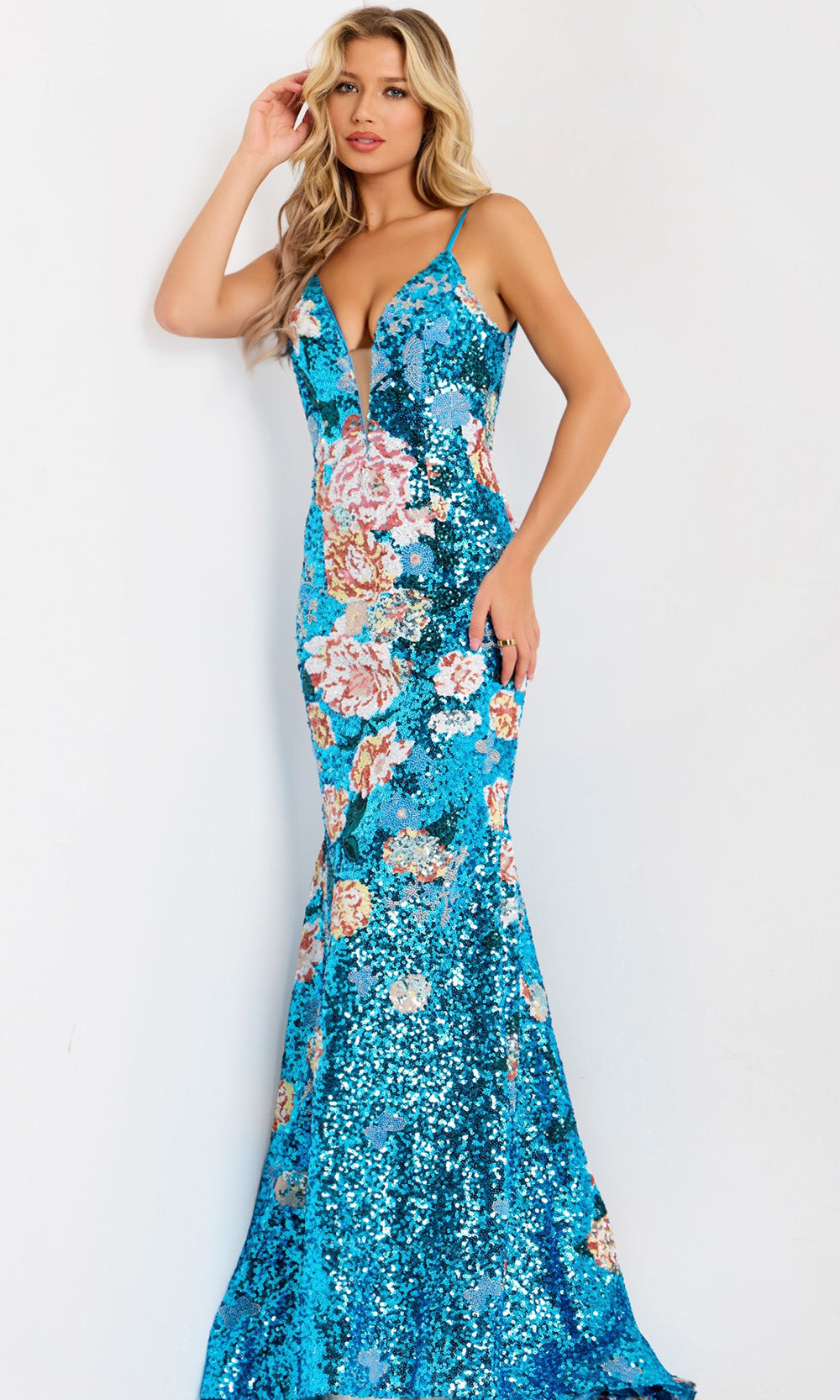 Jovani 48637 - Floral Sequin Mermaid Sleeveless Gown - back view