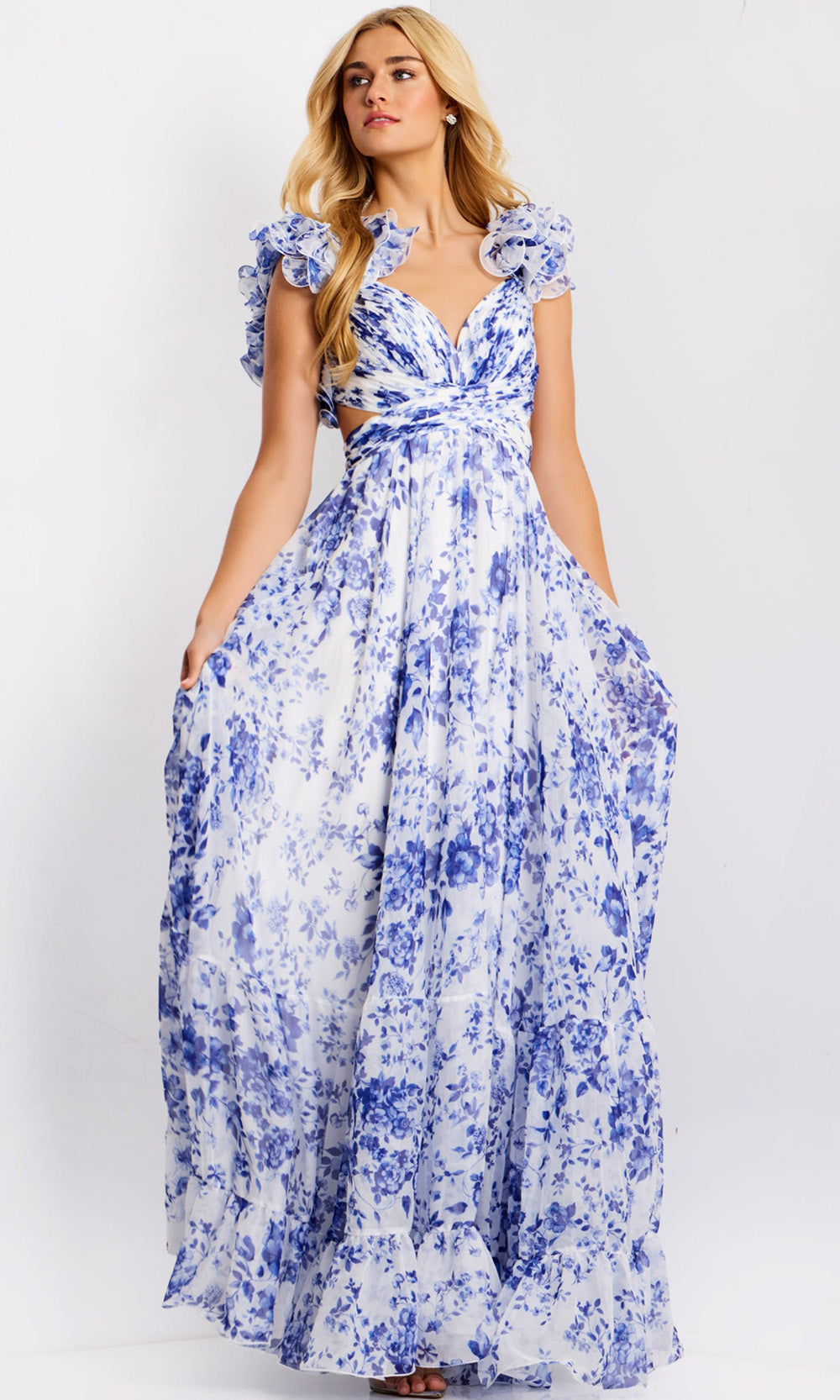 Jovani 49143 - Ruffle Sleeve Floral A-Line Gown - detail view