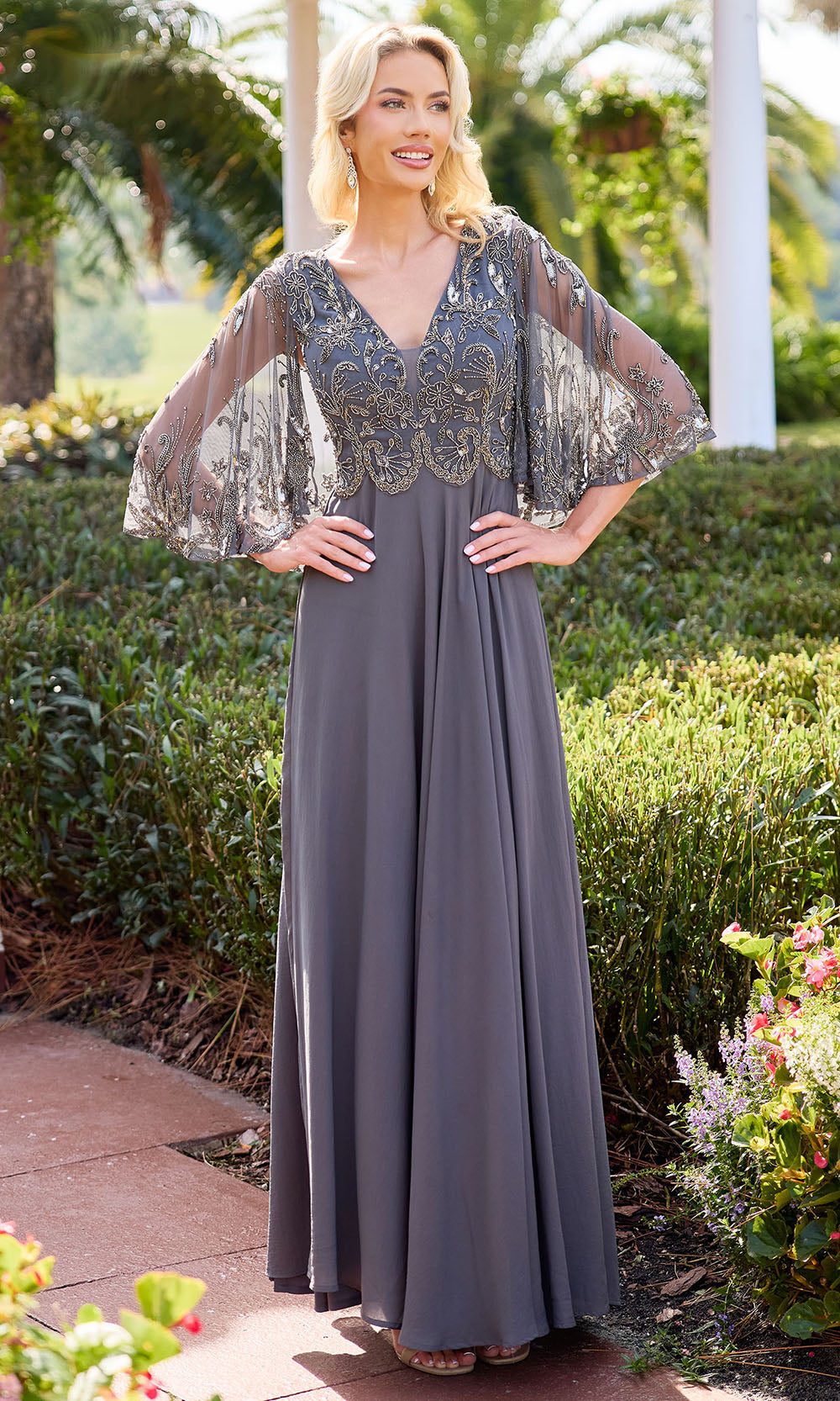 Primavera Couture 13162 - Beaded Applique V-Neck A-Line Dress - back view