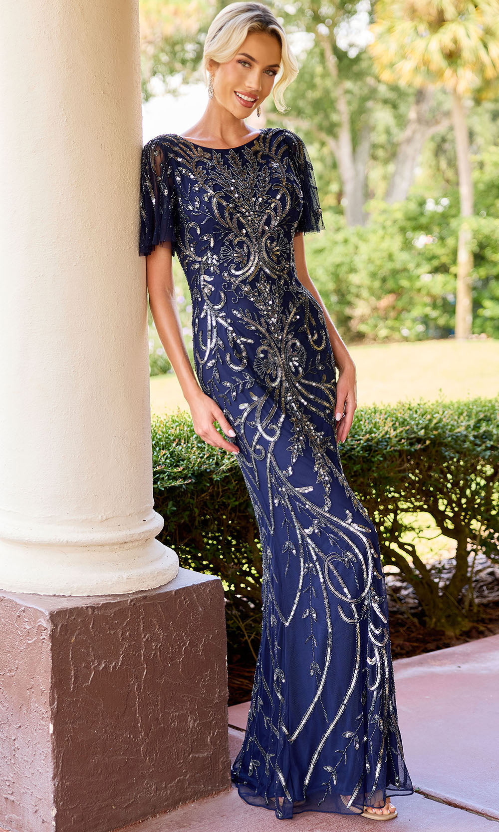 Primavera Couture 13179 - Beaded Flutter Sleeve Long Formal Dress - view 4